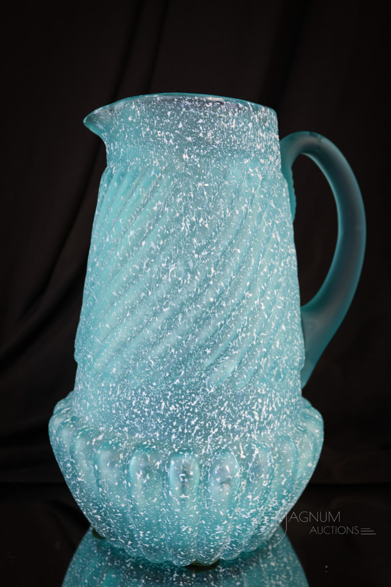 Northwood Blue Frit Chrysanthemum Base Victorian Water Pitcher: Beautiful and quite scarce. This Victorian glass water pitcher in the Chrysanthemum Base pattern has seldom found "frit" finish. A wonderful piece for any Northwood collection! Pitcher measures 9" tal