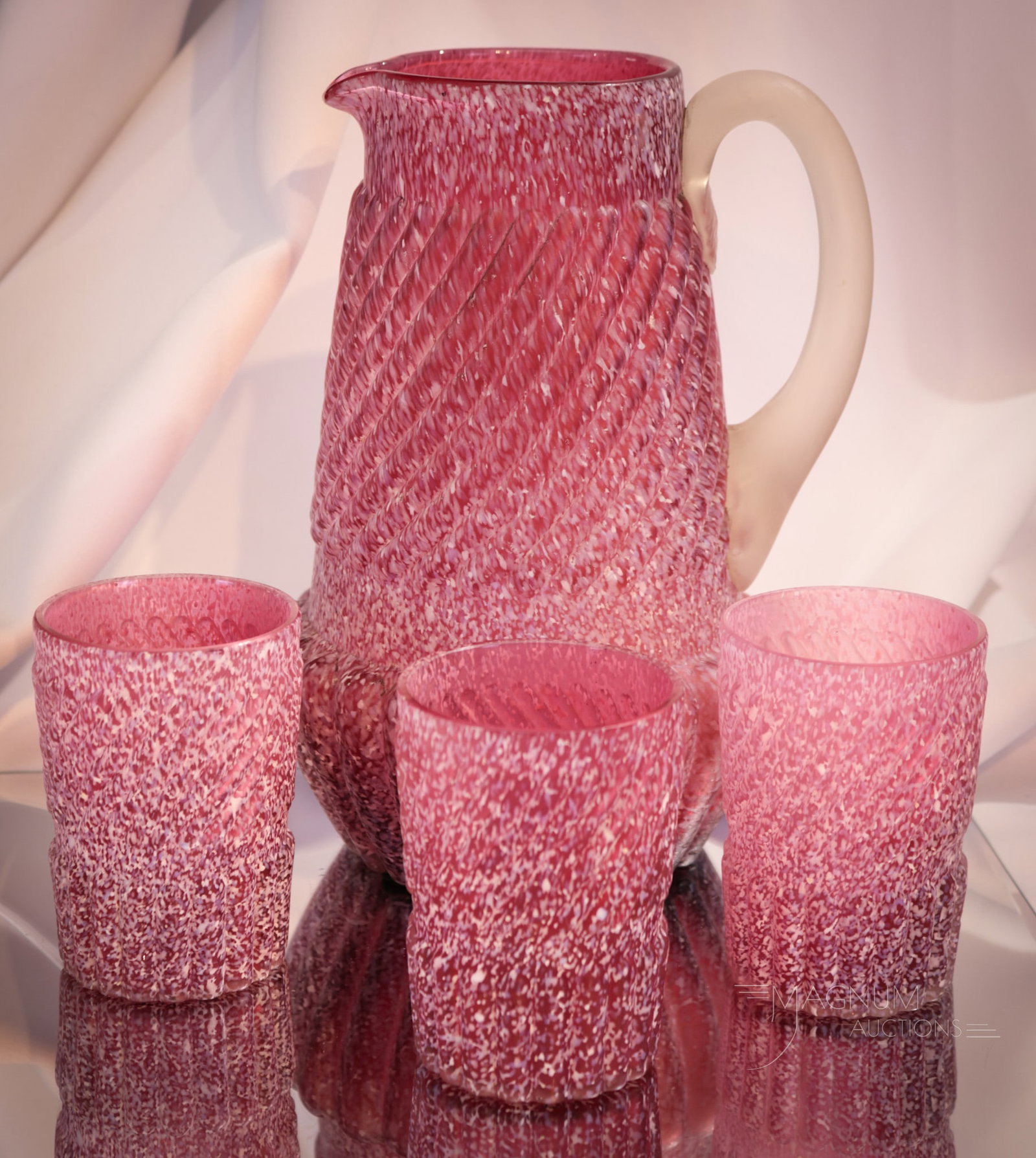 4 pc Lot Northwood Cranberry Frit Chrysanthemum Base Victorian Pitcher & Tumblers: Four great finds in Northwood glass. This lot is comprised of a water pitcher and three tumblers in the Chrysanthemum Base pattern with frit finish. What a lovely set. Tallest measures 9".