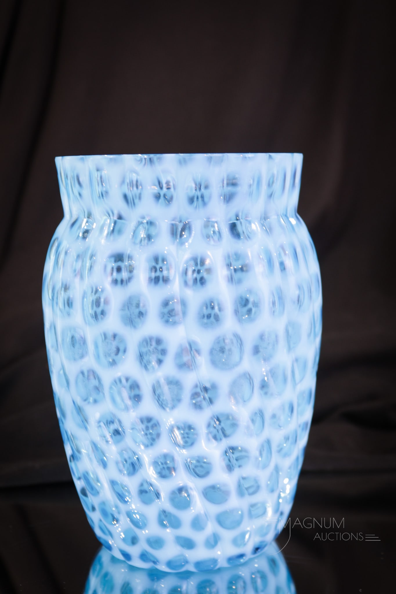 Hobb's Blue Opalescent Glass Windows Victorian Celery Vase: Brilliant blue color is found on this fine celery vase in the Windows Swirled pattern by Hobb's. This one with great opalescence too. Vase measures 6" tall.