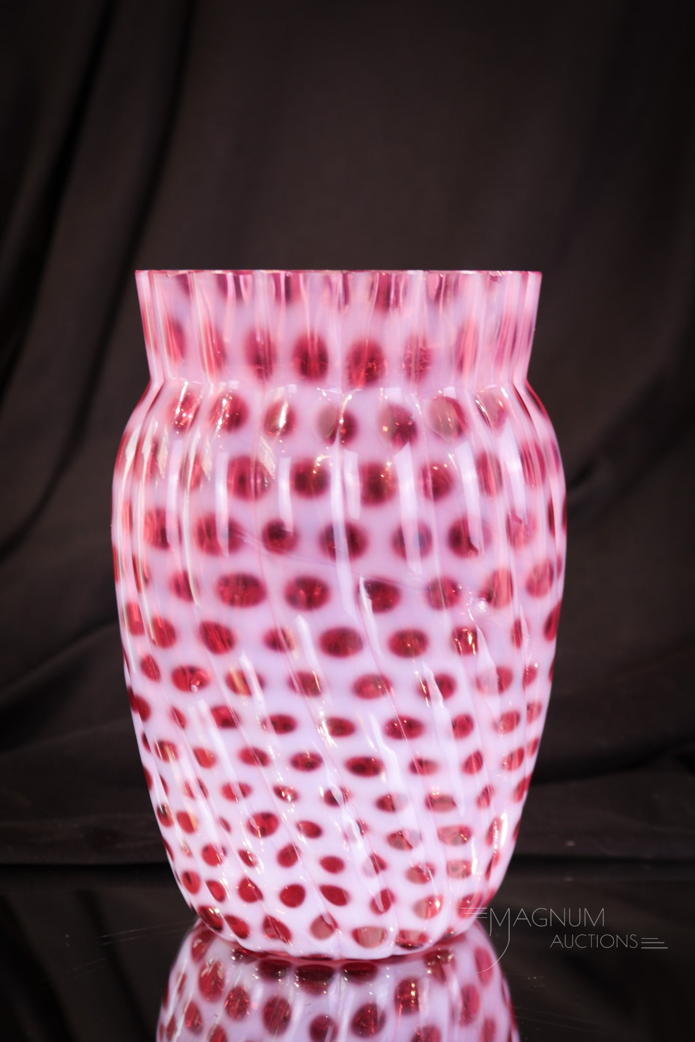 Hobb's Cranberry Opalescent Windows Swirled Victorian Celery Vase: A fine Hobb's Cranberry Opalescent Victorian Windows Swirled Celery vase. This one with nice color and opal. Vase measures 6" tall.