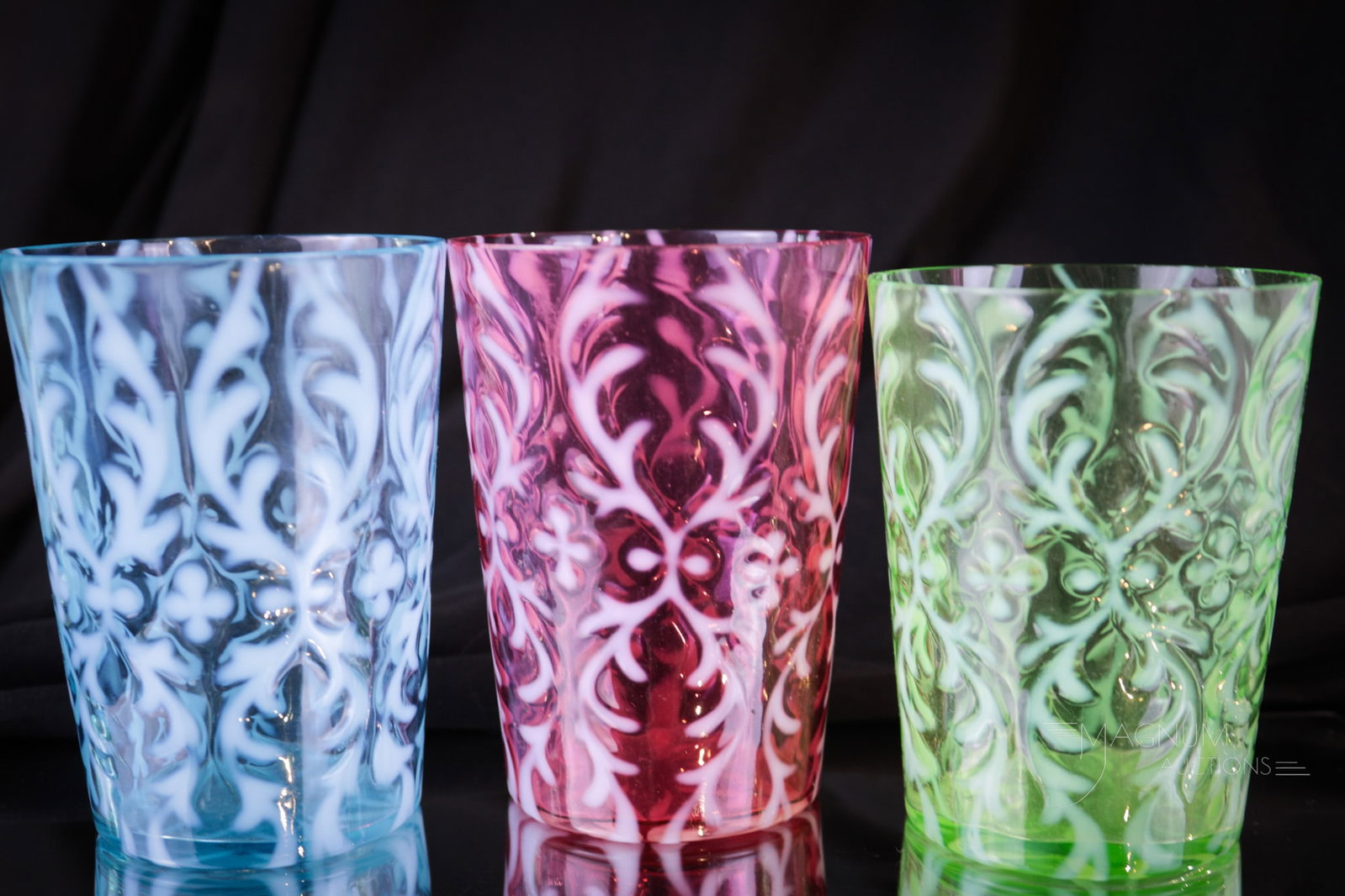 3 pc Lot Northwood Opalescent Spanish Lace Victorian Tumblers: Three finds in the Spanish Lace pattern tumblers. Each is in a different color. One cranberry, one blue, and one green. Each measures 4" tall. Provenance: This item is from the private collection of B