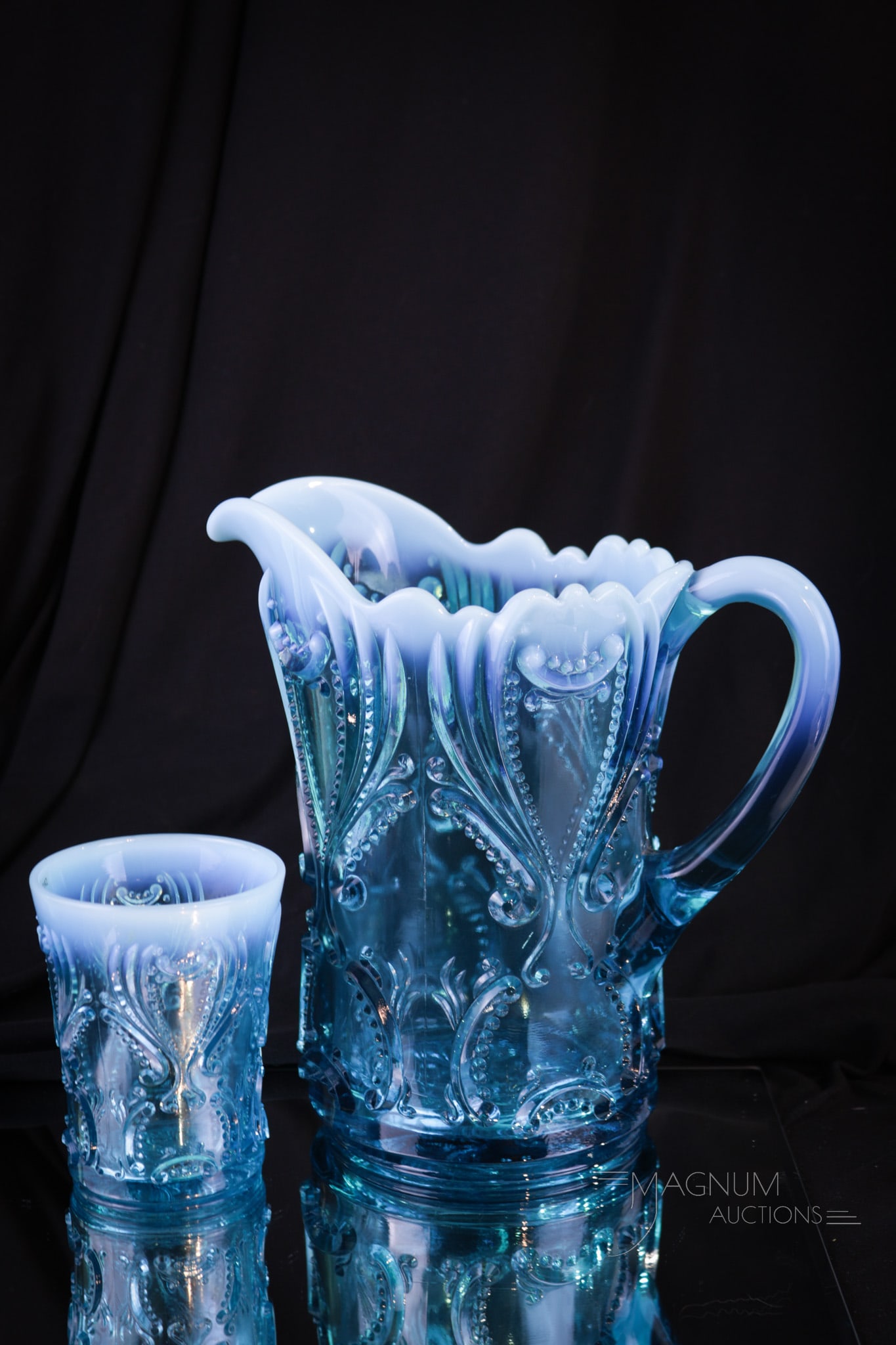 2 pc Lot Jefferson Blue Opalescent Idyll Victorian Pitcher & Tumbler: Two perfect examples of the ever-popular Jefferson pattern Idyll in the form of a pitcher and matching tumbler. This fine offering has exquisite color and opal. Make way on your curio shelf for this l