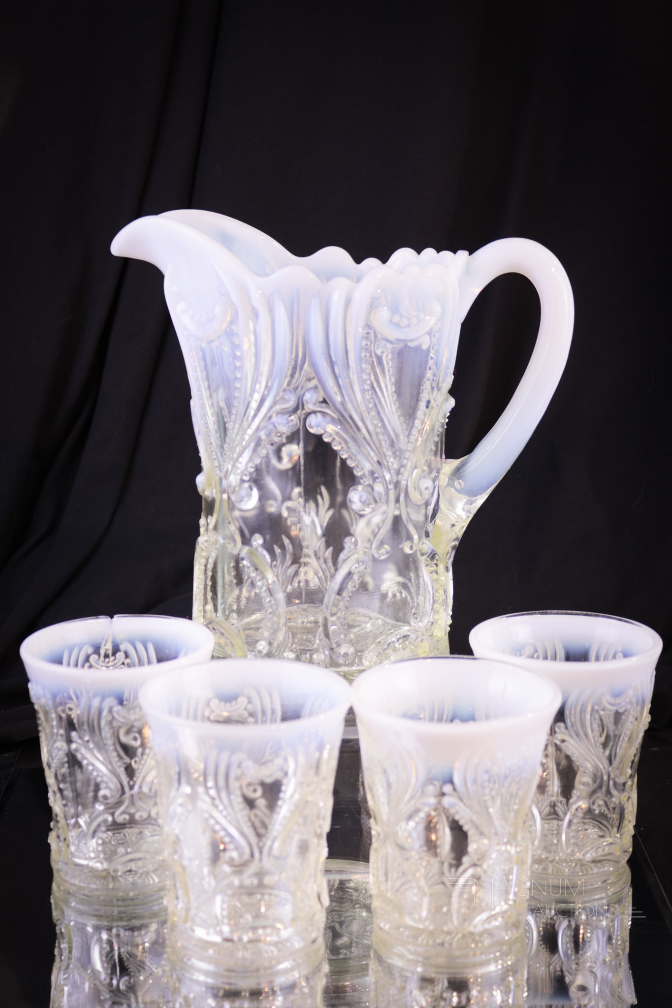 5 pc Lot Jefferson Opalescent Idyyll Victorian Water Set: Beautiful snowy white opalescent crystal glass makes up this Jefferson Idyll Victorian water set. This set is complete with a pitcher and four tumblers. Tallest of the set measures 8 1/4" tall. Three 