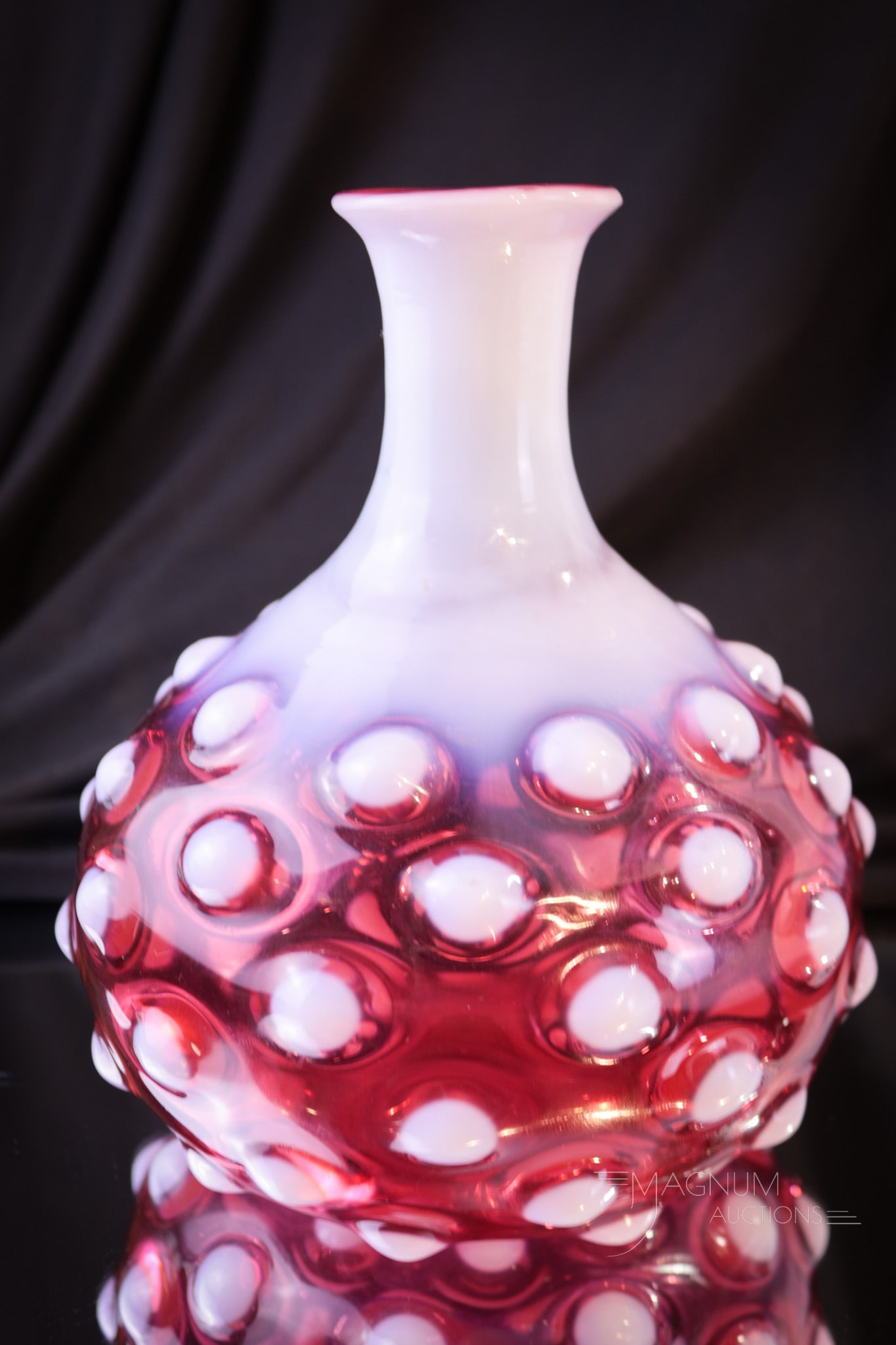 Hobb's Cranberry Opalescent Glass Bulls-Eye Victorian Water Caraffe: Deep rich cranberry coloring and brilliant white-white opal makes up this fantastic example of a Bulls-eye pattern water carafffe by Hobb's. This caraffe measures 7" tall to the rim.