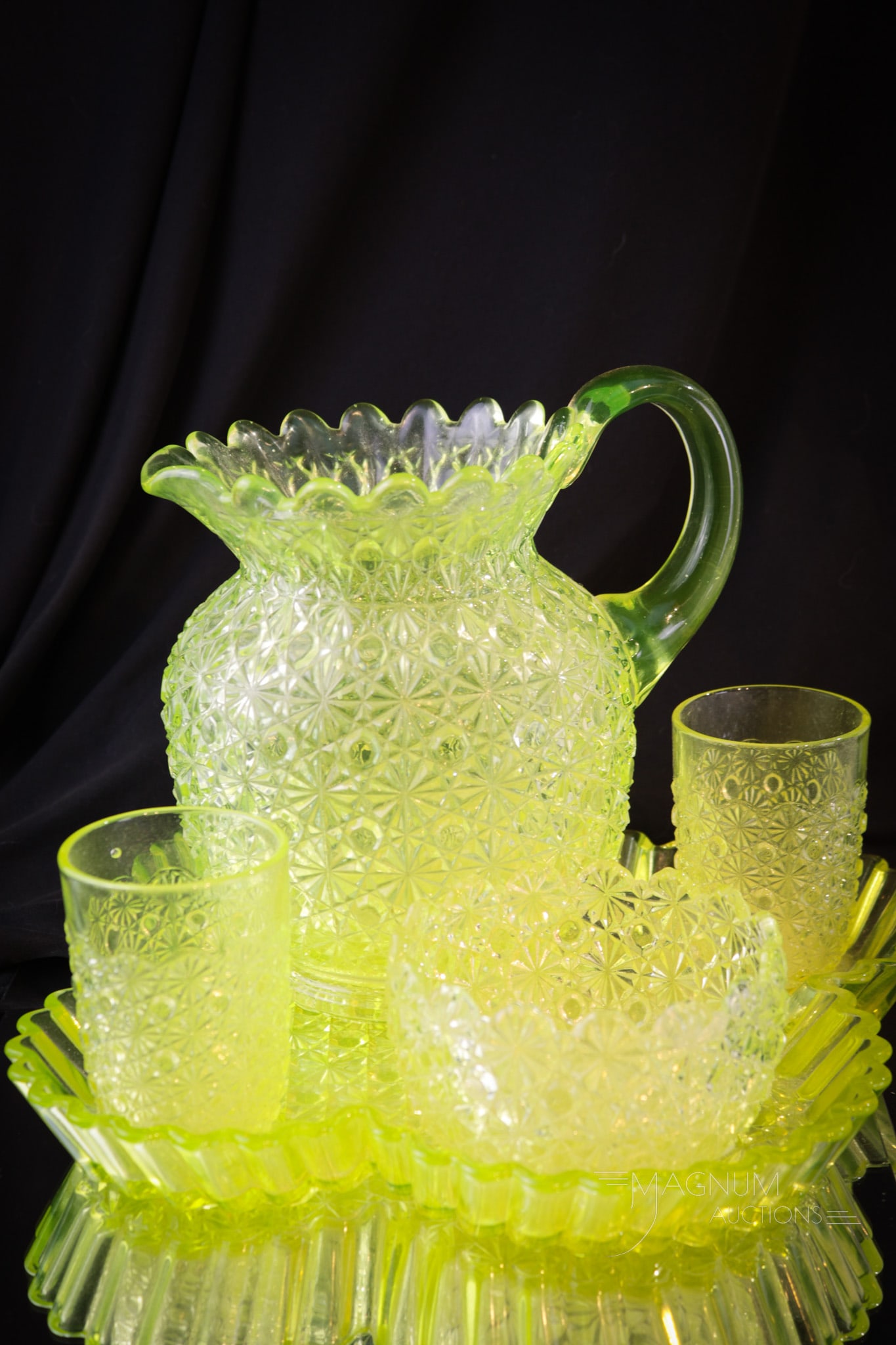 5 pc Set Vaseline Daisy & Button Victorian Glass Lemonade Set: Scarce find in this Daisy and Button vaseline lemonade set. Set is complete with pitcher, two tumblers, waster bowl, and tray. Tallest of the offering measures 8 1/2"