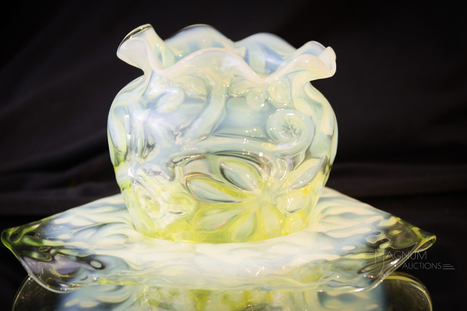 2 pc Lot Vaseline Opalescent Walsh Victorian Glass: Two beautiful examples of Walsh Victorian vaseline glass in this lot. A Horse Chestnut pattern vase along with an Opaline Brocade triangular tray. Tallest measures 3".