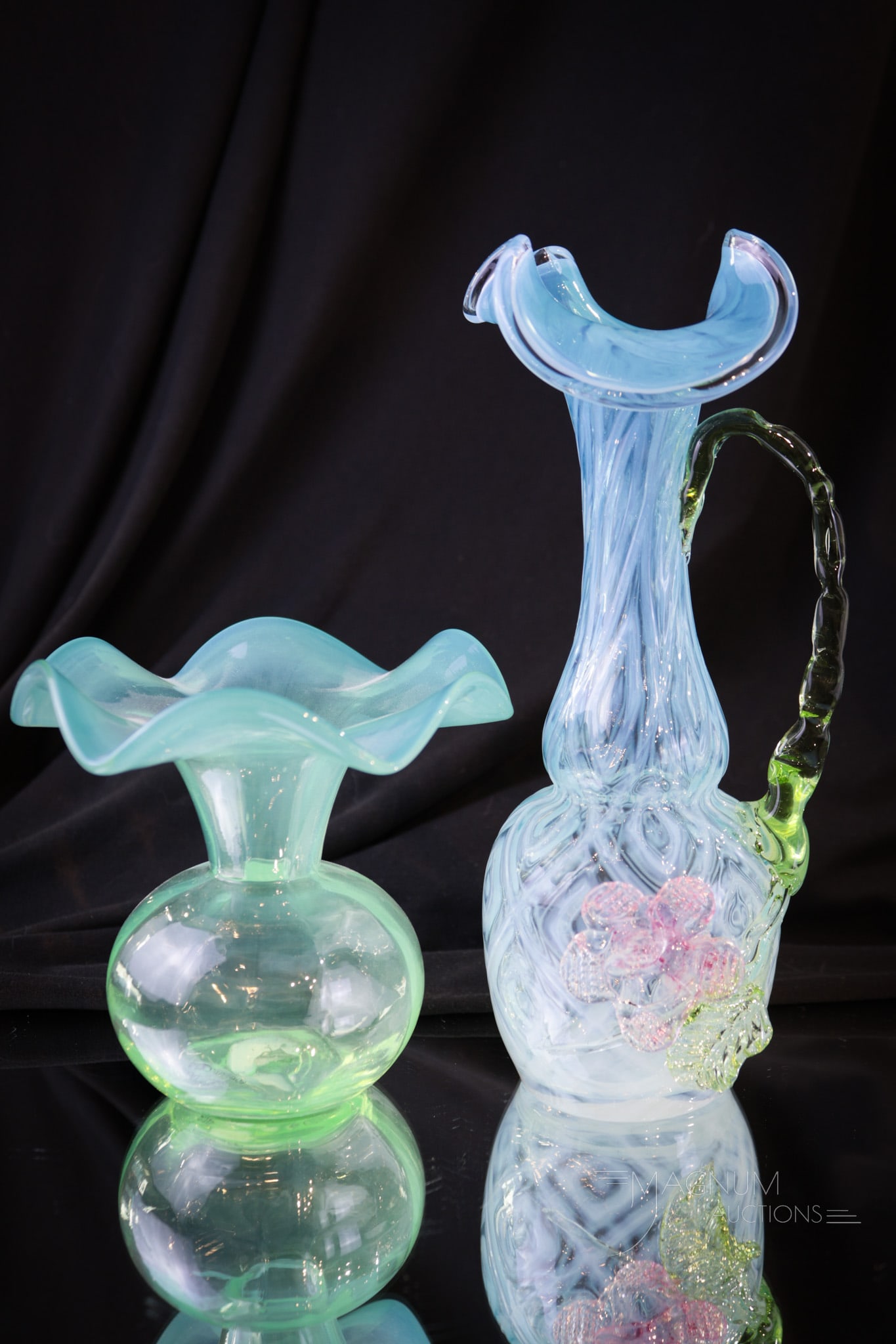 2 pc Lot Vaseline & More English Opalescent: Two beautiful example of Victorian English opalescent glass with vaseline and more. Featured is a ewer in the Harlequin pattern with applied flower along with a small vase in blue to vaseline. Tallest
