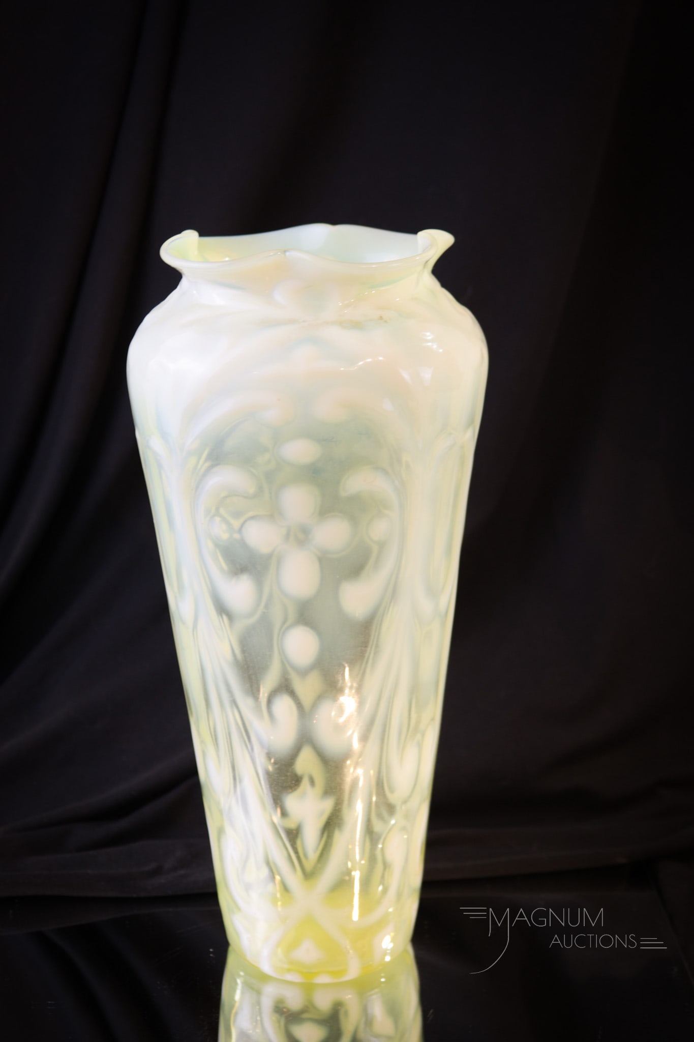 Victorian Vaseline Opalescent Walsh Opaline Brocade 11" Vase: Beautiful example and what a wonderful size. This vase measures 11" tall of pure vaseline pleasure. This piece by Walsh is in the Opaline Brocade pattern. Nice heavy opal as well makes this a super fi