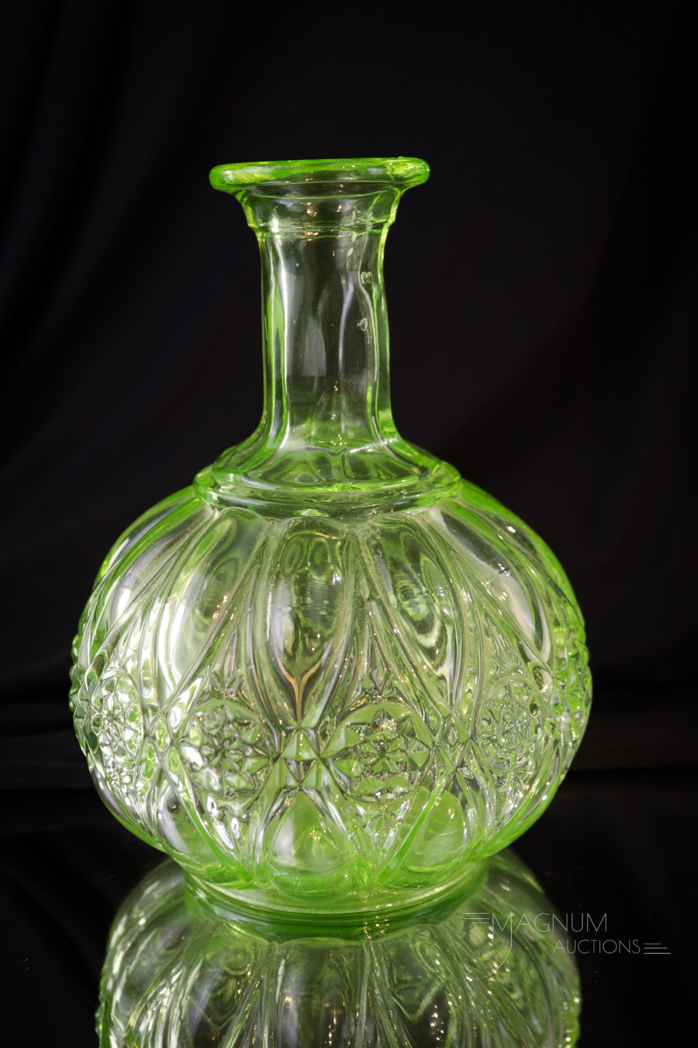 Baccarat Vaseline Glass Tumble Up: All that is needed is the tumbler to complete this tumble-up base by Baccarat. This piece in brilliant vaseline glass. Piece measures 7".