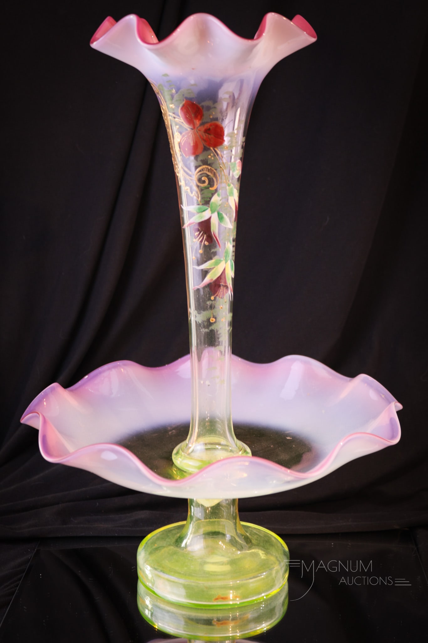 Victorian Vaseline Cranberry Opalescent Enameled Glass Epergne: Beautiful Victorian cranberry vaseline opalescent enameled glass single-horn epergne centerpiece. This piece measures 16" tall and is beautifully enameled with florals and trim.