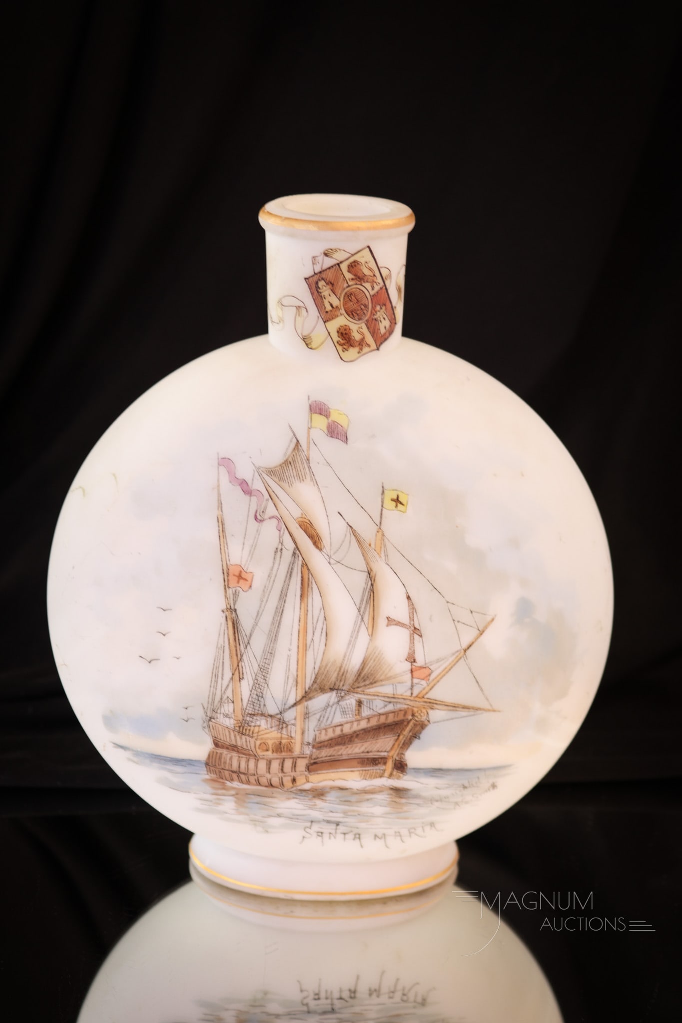 Smith Bros. "Santa Maria" Victorian Glass Flask Vase: Beautiful Victorian Smith Bros. satin glass flask vase decorated with the "Santa Maria". This fine vase has excellent detail and vivid coloring. Vase measures 9" tall.