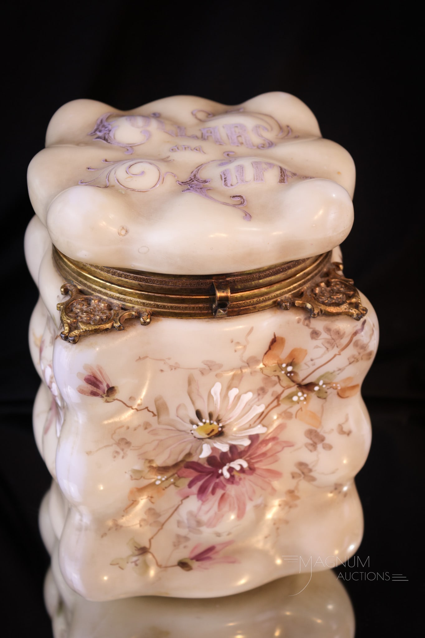 Wavecrest Victorian Glass "Collars & Cuffs" Dresser Box: Lovely Victorian Wavecrest egg crate mold dresser box in unusual tall form. Lid is marked "Collars and Cuffs." Piece is decorated with florals around. Original lining is present in the lid only. Measu