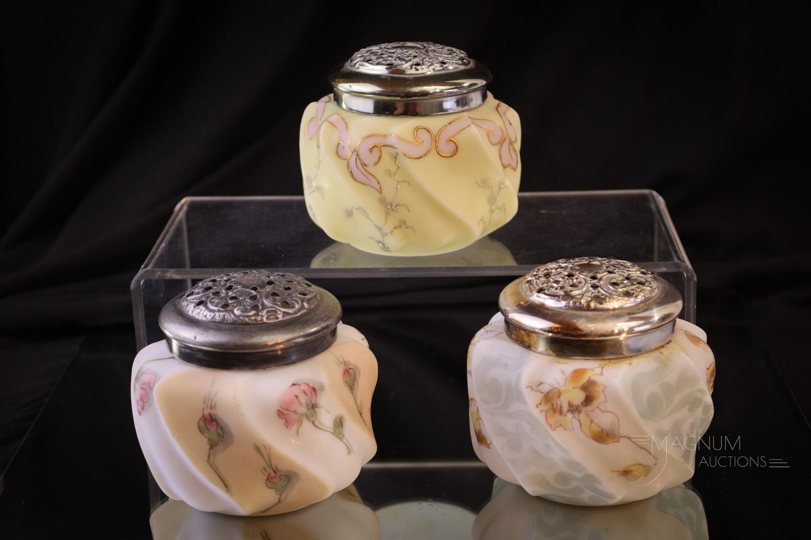 3 pc Lot Wavecrest Erie Twist Victorian Glass Sugar Shakers: Three selection in Wavecrest Erie Twist pattern sugar shakers in this offering. Each a little different decoration. Same mold. Each measures 3" tall.