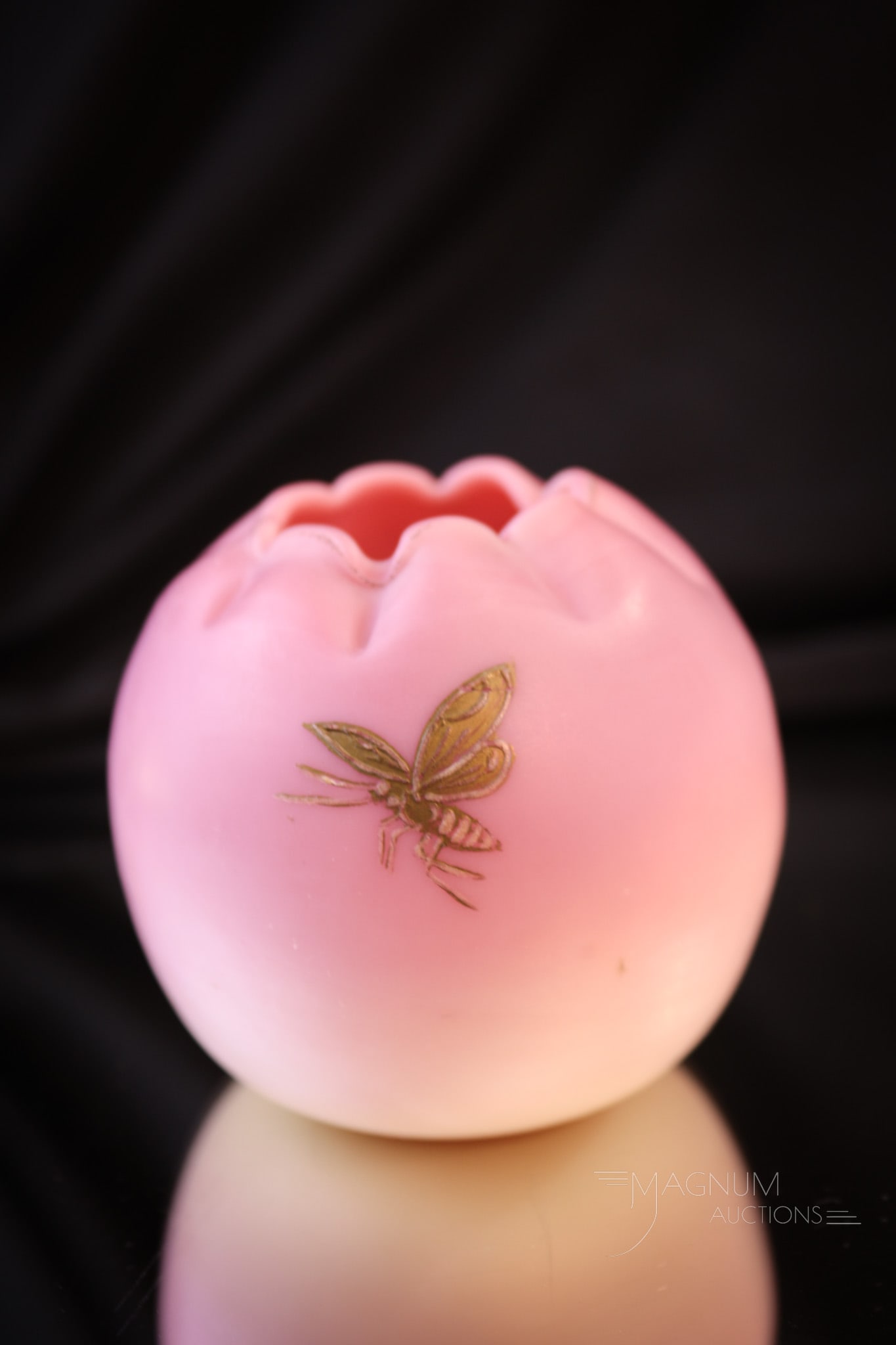 Charming 2 1/2" Webb Burmese Victorian Glass Rose Bowl: A sweet little Victorian Webb burmese glass rose bowl with gilt butterfly decoration. This rose bowl measures in at 2 1/2" tall. One lonely little gilt butterfly is the only decoration. What a charmin