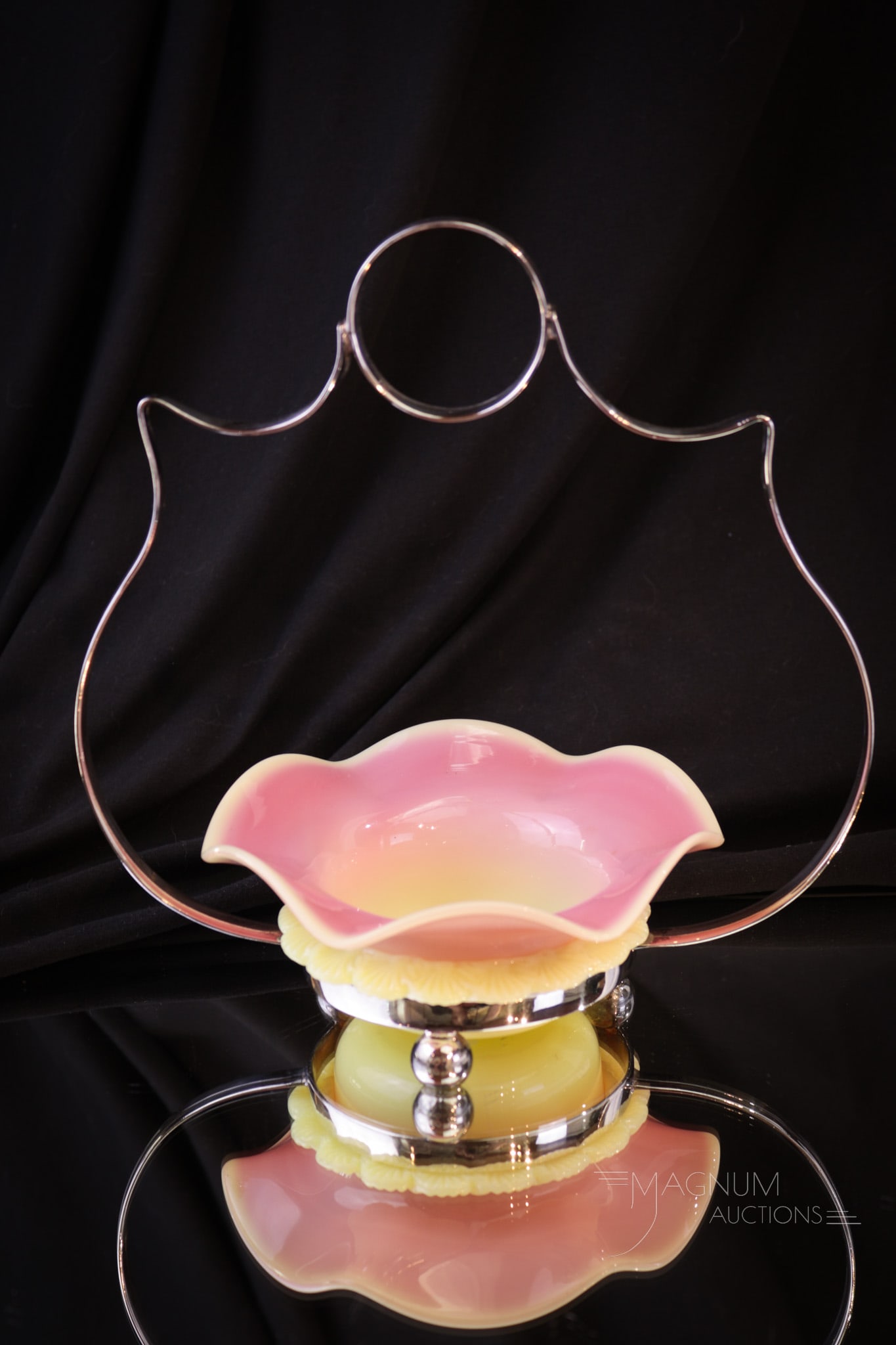 Victorian Glossy Burmese Glass Silver Plate Sweetmeat Marmalade: Seldom found glossy Webb burmese Victorian sweetmeat or marmalade set in signed silverplate holder. Nice piece with gorgeous coloring that measures 8 1/2" tall.