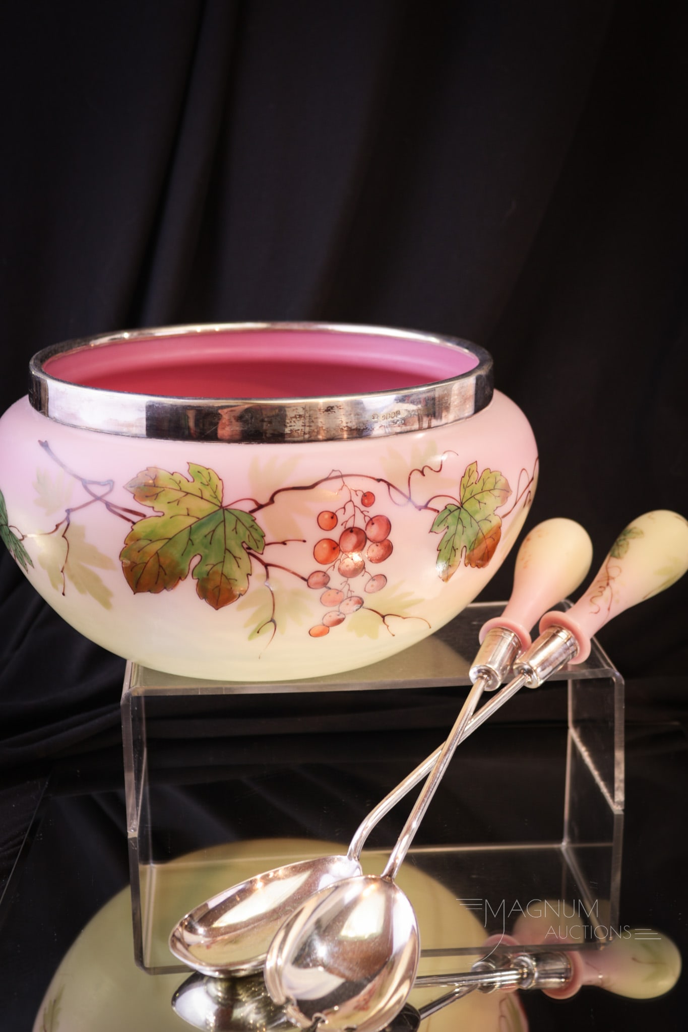 Webb Burmese Decorated Victorian Glass Salad Set: Gorgeous Webb burmese enameled glass salad set complete with serving pieces. A fine hard to find matching set. Bowl with silverplate rim as with utensils. Largest of the set measures 5" tall, 9 1/4" i