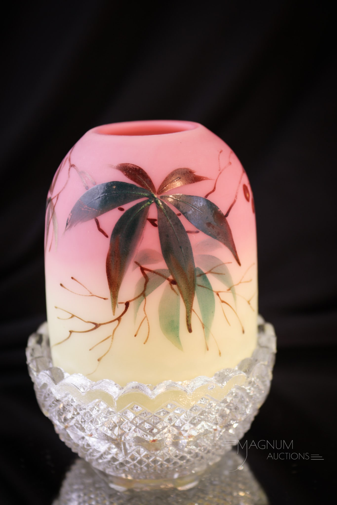 Webb Burmese Victorian Glass Decorated Fairy Lamp: Charming Victorian Webb burmnese glass decorated fairy lamp set on clear Clarke's base. Complete it measures 4" tall. Nice shaded burmese coloring.
