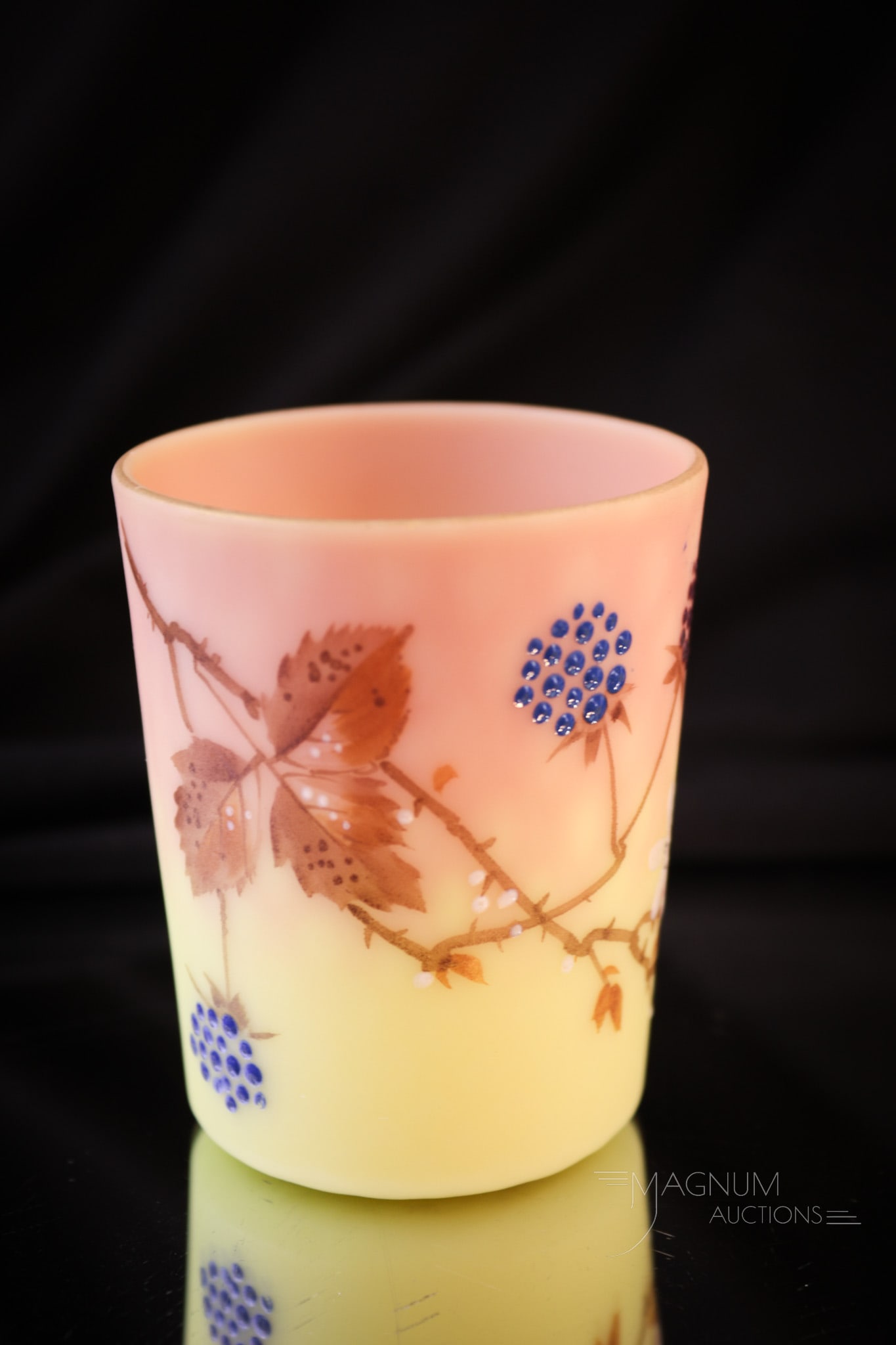 Mt. Washington Victorian Burmese Glass Decorated Toothpick Whiskey: A little beauty. This piece of decorated Mt. Washington burmese glass is calling for a new home. This one has blue berry decoration as you all like. This classic form with diamond quilt exterior patte