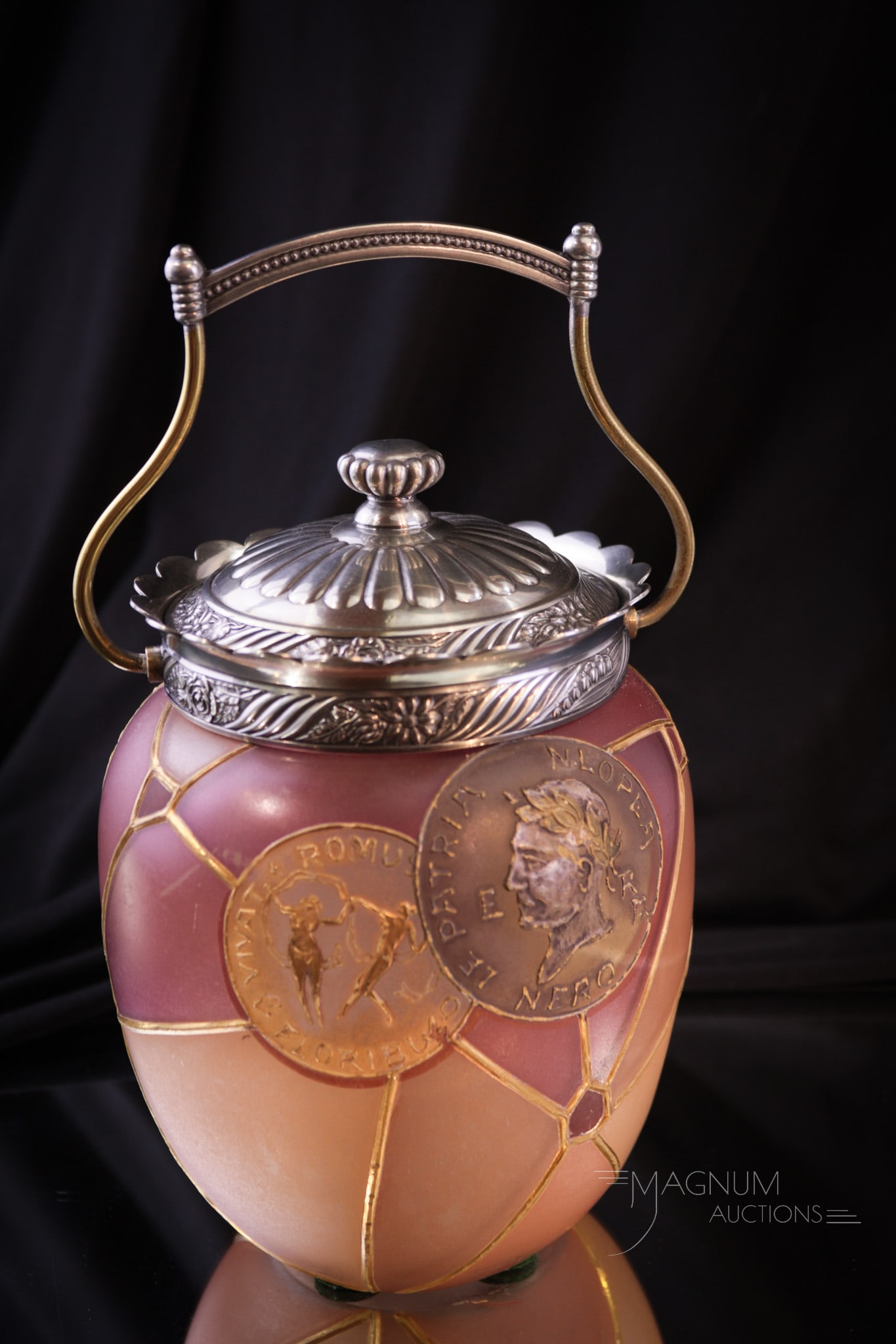 Mt. Washington Royal Flemish Victorian Glass Biscuit Jar: Very nice find is this Mt. Washington Victorian glass biscuit jar in their Royal Flemish line. This one is decorated with coin motif and griffins in medallions. Jar is complete with original mountings