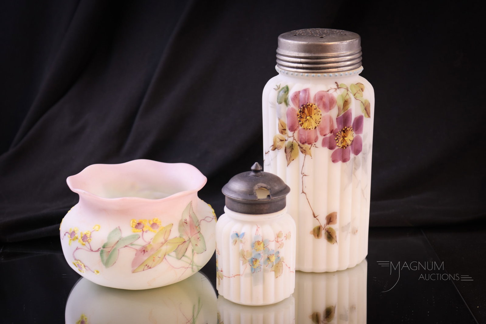 3 pc Lot Mt. Washington Victorian Glass: Three nice finds in Victorian Mt. Washington glass. A sugar shaker and mustard in the pillar mold along with a finger bowl. All in pale white lusterless decorated glass. Tallest measures 6".