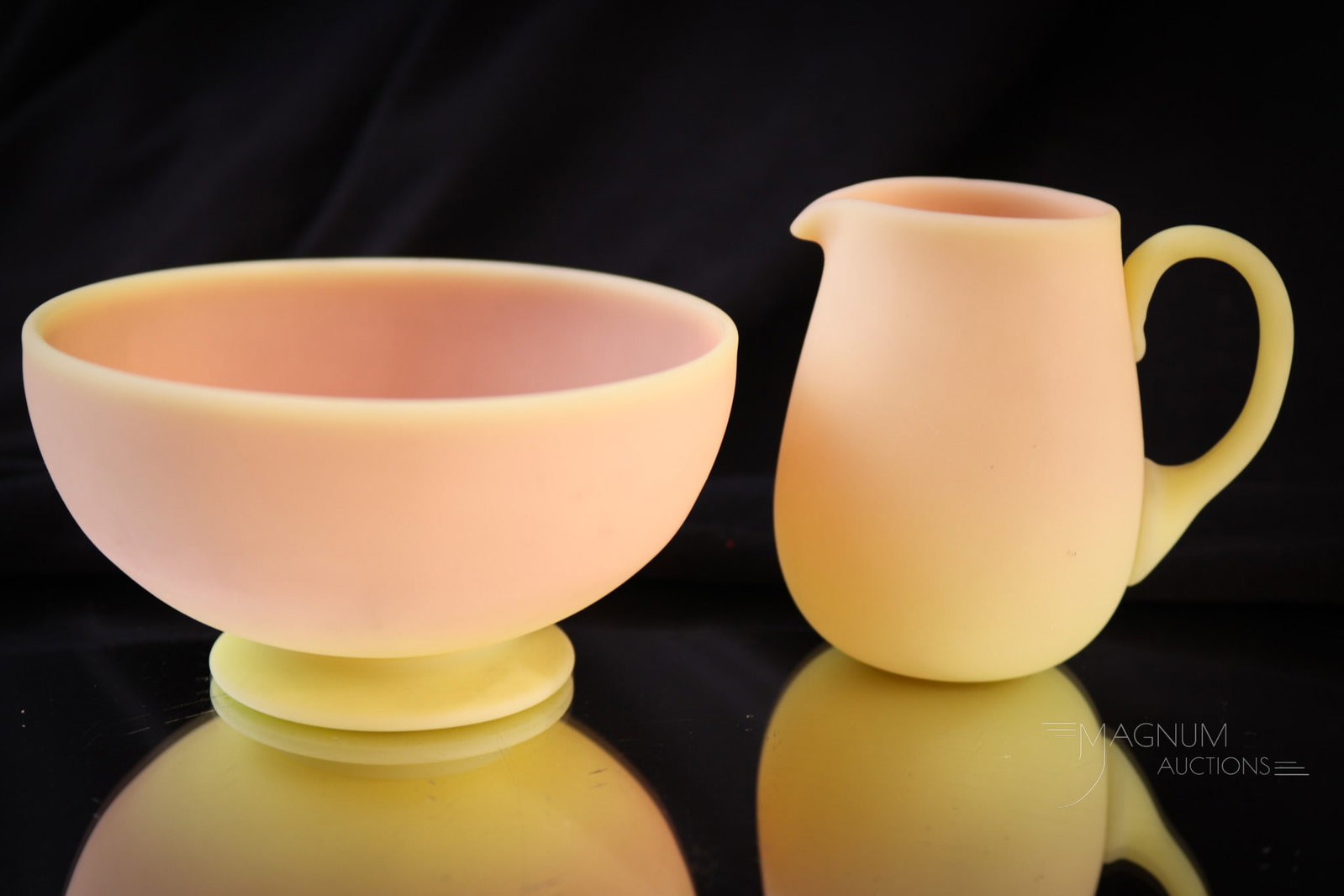 Tiny Mt. Washington Burmese Victorian Glass Creamer & Sugar: Two tiny pieces in Mt. washington Victorian burmese glass in the form of a creamer and a sugar bowl. Both of these are paper thin and have perfect coloring. Tallest measures 2 1/2". Provenance: This i
