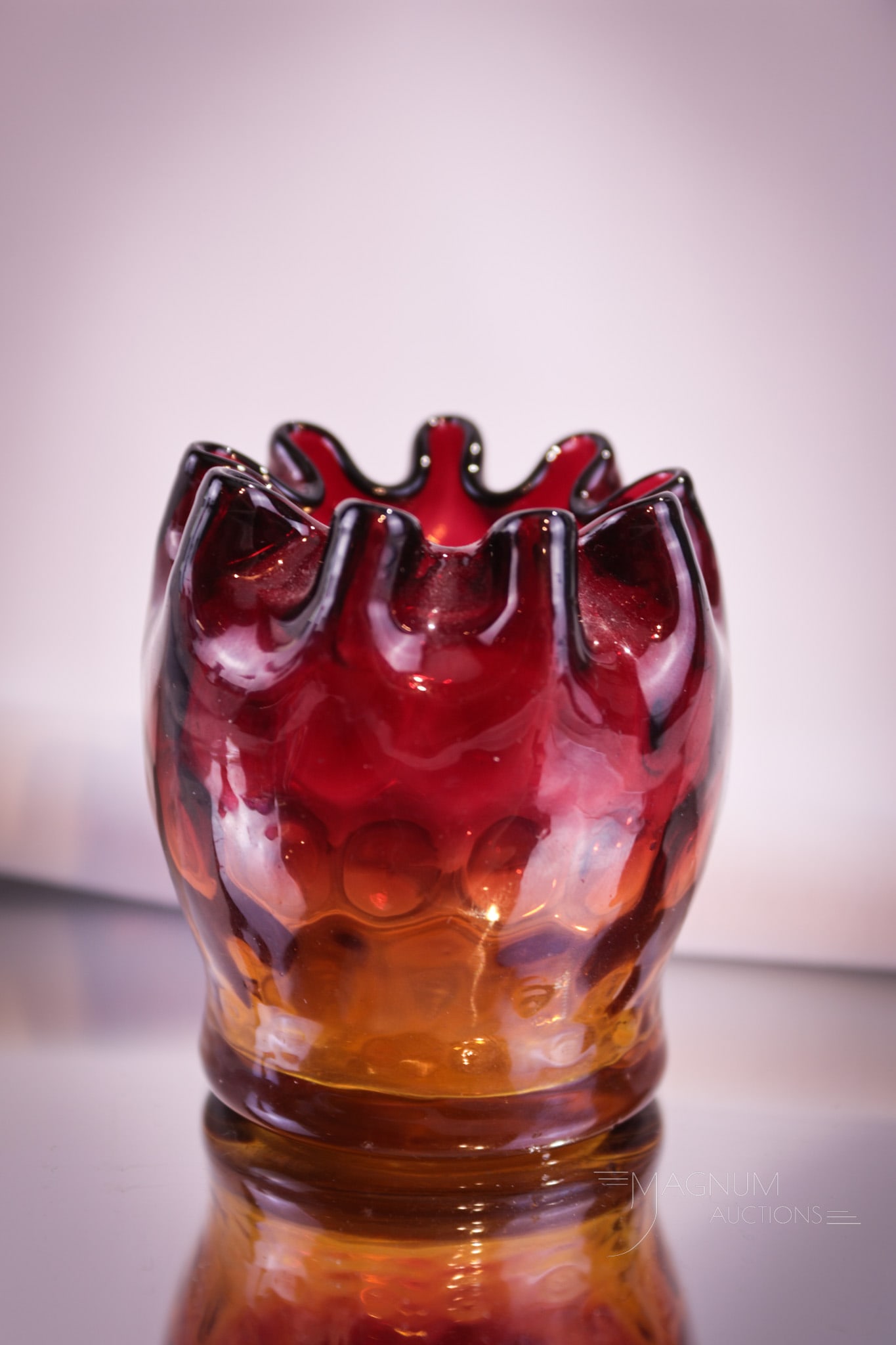 New England Amberina Vicgtorian Glass Toothpick Holder: Nice form and color to this Victorian New England glass toothpick holder. It measures only 2 1/4" tall of pure pleasure. Provenance: This item is from the private collection of Bill & Betty Stromberg.