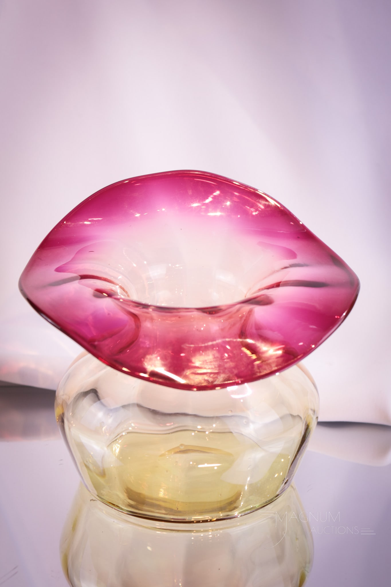 Signed Libbey Amberina Victorian Glass Vase: Another classic form in our line-up of signed Libbey amberina Victorian glass. This one in a squat form with Jack in the Pulpit top rim treatment. Vase measures 5" tall.