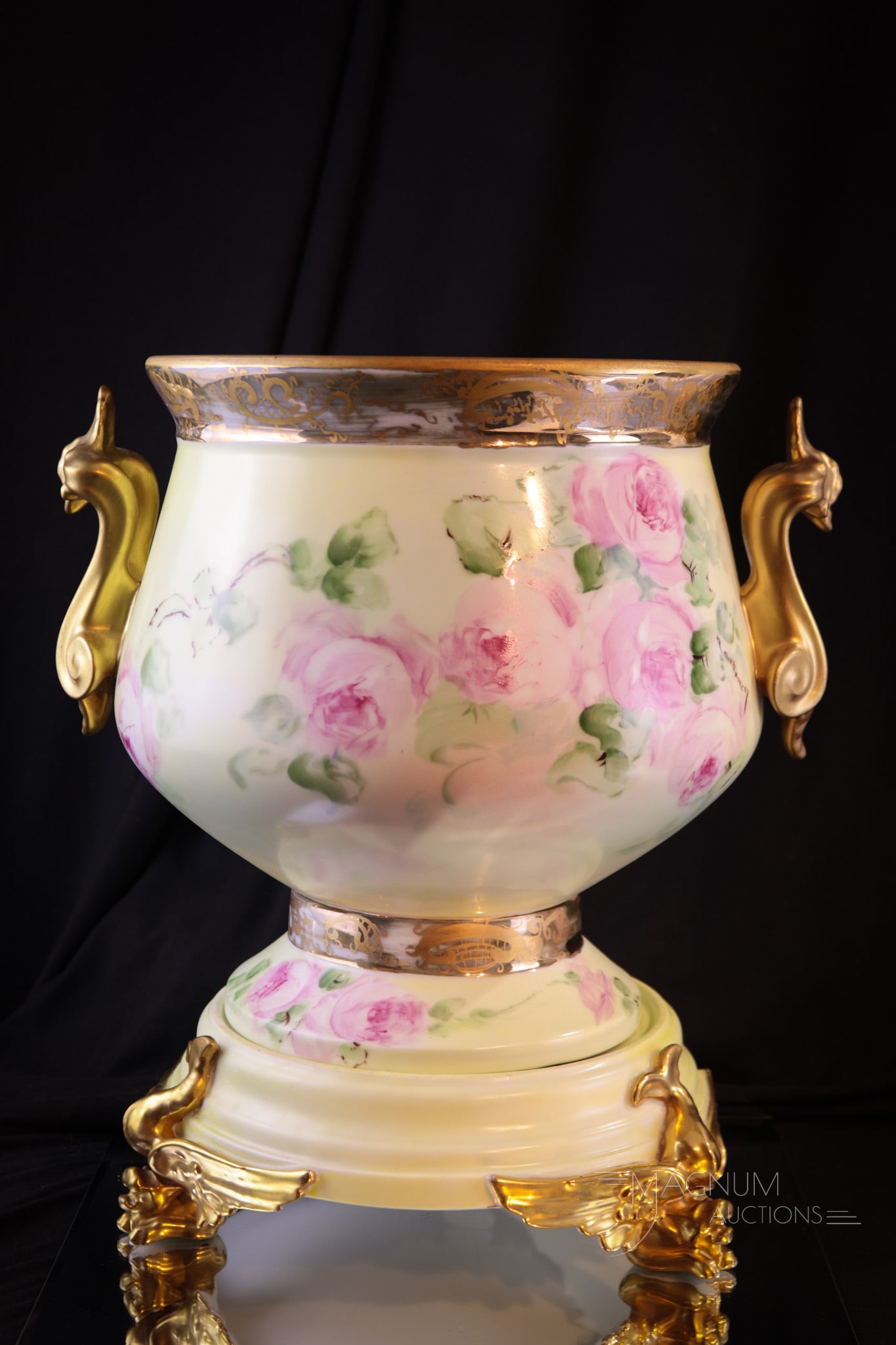 Limoges Hand Painted Porcelain Roses & Gold Jardinere &Griffin Pedestal: Fine unmarked Limoges blank hand painted with a bounty of roses and lots of gold decoration. This fine jardinere sits atop a three griffin topped leg plinth. Complete the fabulous piece measures 13 1/