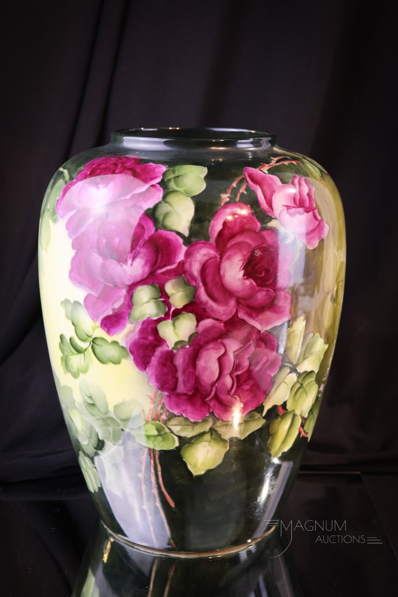 Lenox Belleek Roses Hand Painted Porcelain Vase: Squat urn form hand painted Lenox Belleek hand painted porcelain vase with crimson roses against a green ground. This classic urn form in a shorter stature is quite becoming. This beauty measures 11 1
