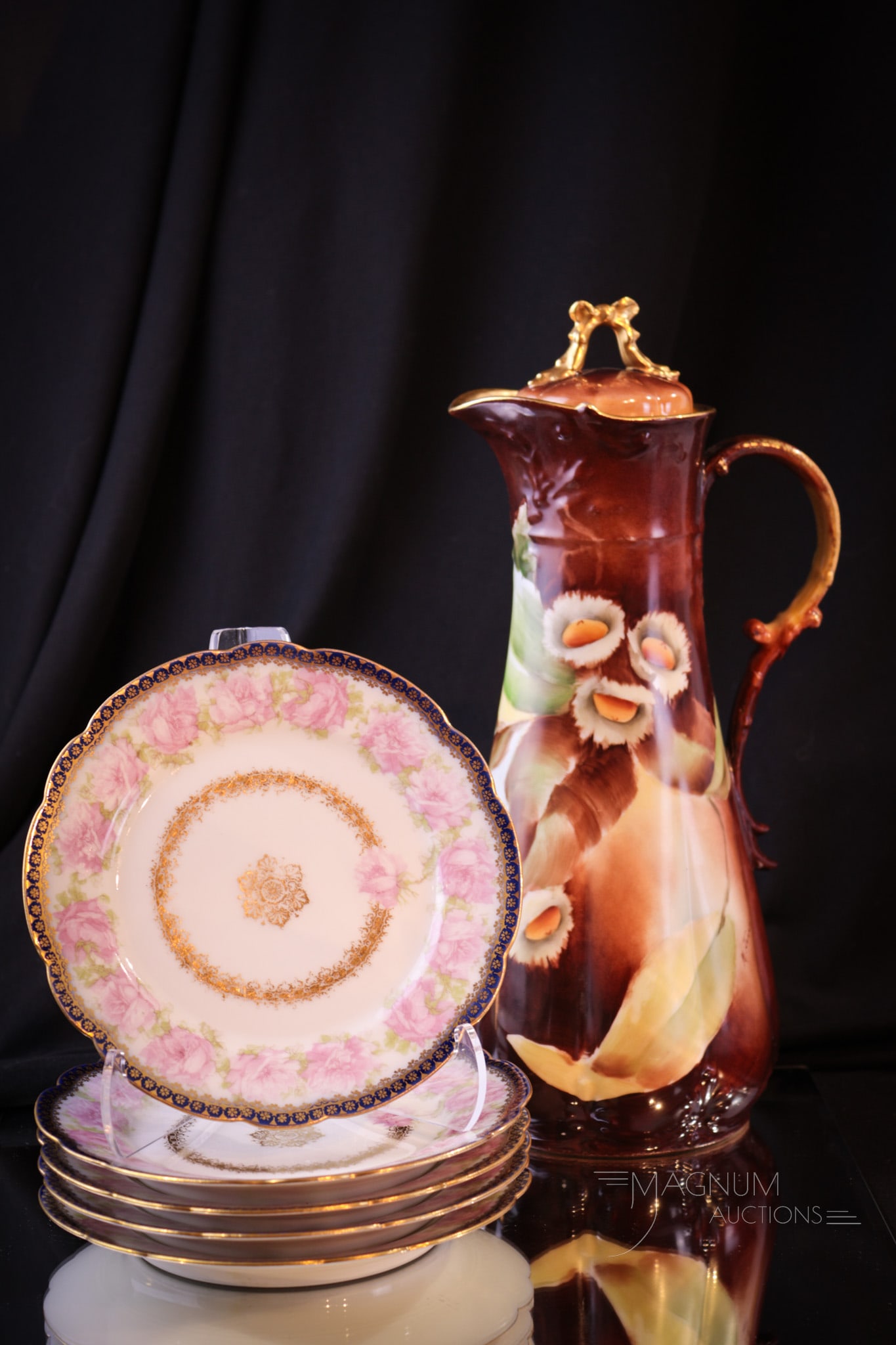 5 pc Lot Haviland China Cobalt McKinley Drop Rose Bread Plates & More: Five fine examples of the Haviland McKinley Drop Rose pattern with cobalt border in the form of bread & butter plates. These five piece of Haviland plus a hand painted France porcelain chocolate pot m