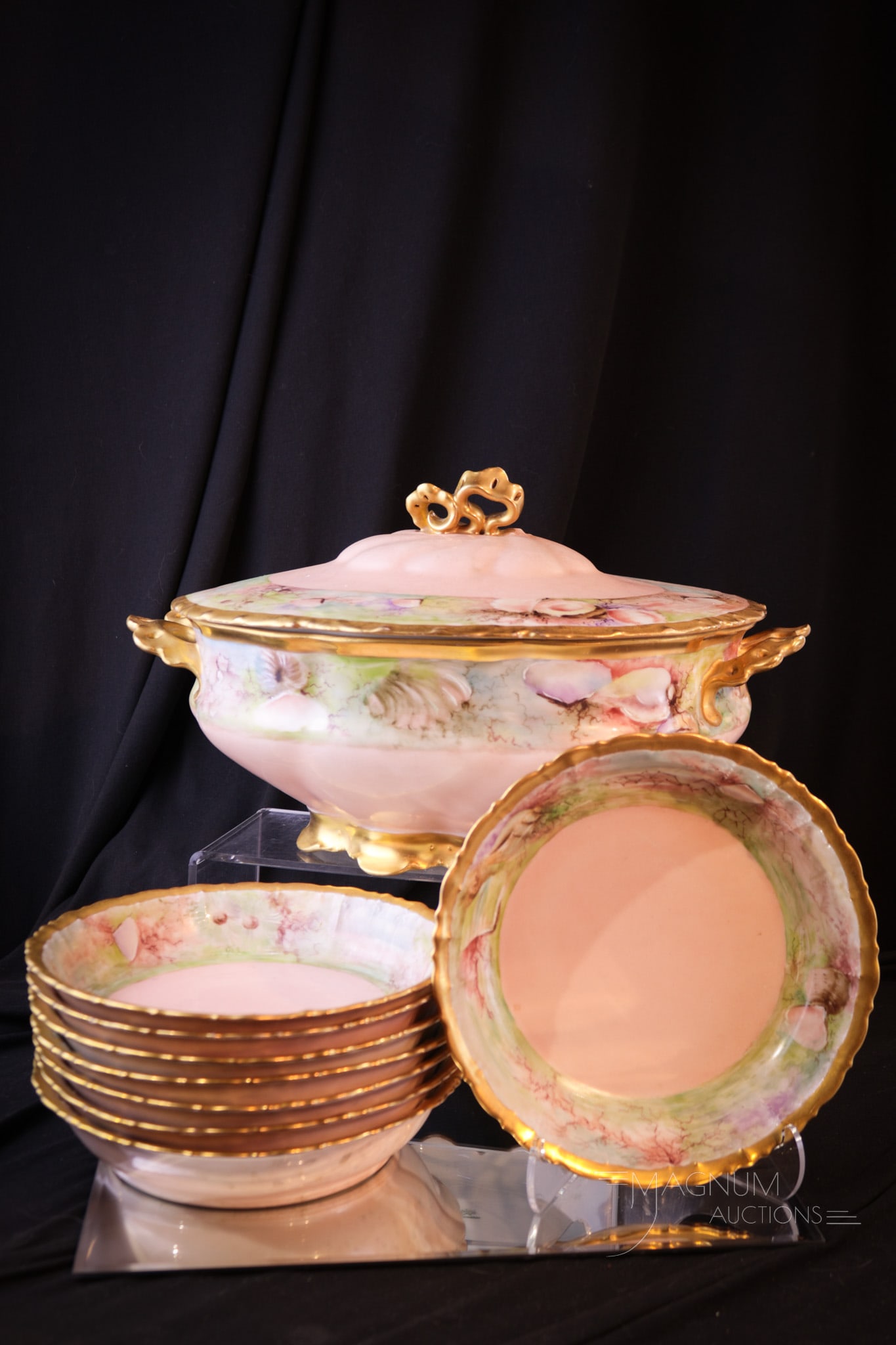 9 pc Set Hand Painted Austria Porcelain "Under the Sea" Soups & Tureen: A fine set of hand painted marked Austria porcelain in the form of a soup serving set complete with tureen. Set features an "Under the Sea" motif. Set includes a tureen with notched lid and eight serv