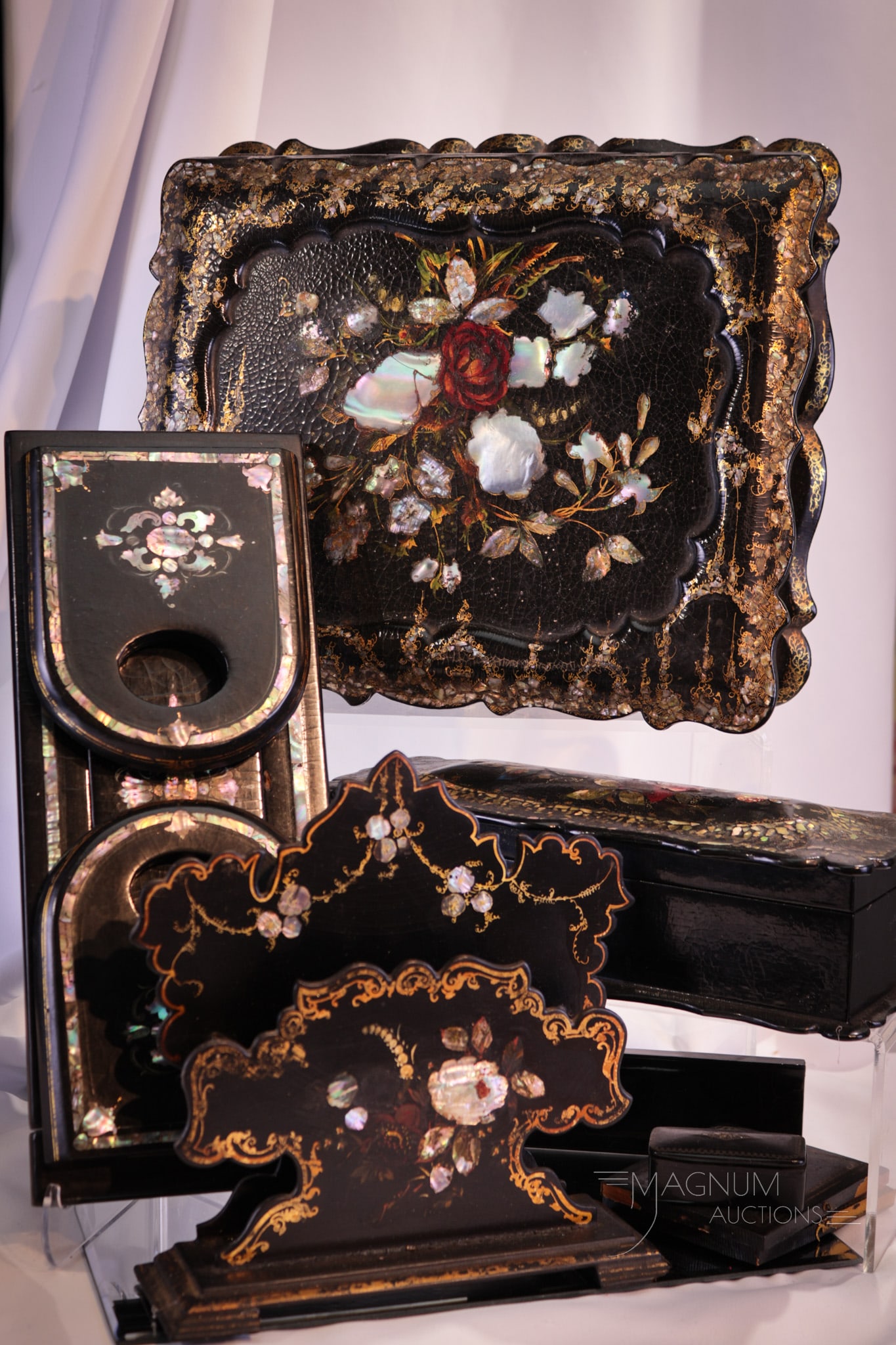 6 pc Lot Victorian Paper Mache' Mother of Pearl Inlay Desk Articles: Six fine pieces of Victorian paper mache' desk articles with mother-of-pearl inlay. This lot includes a lap desk, a pair of bookends, a diminutive pin box, a letter holder, glove box, and a tin type i