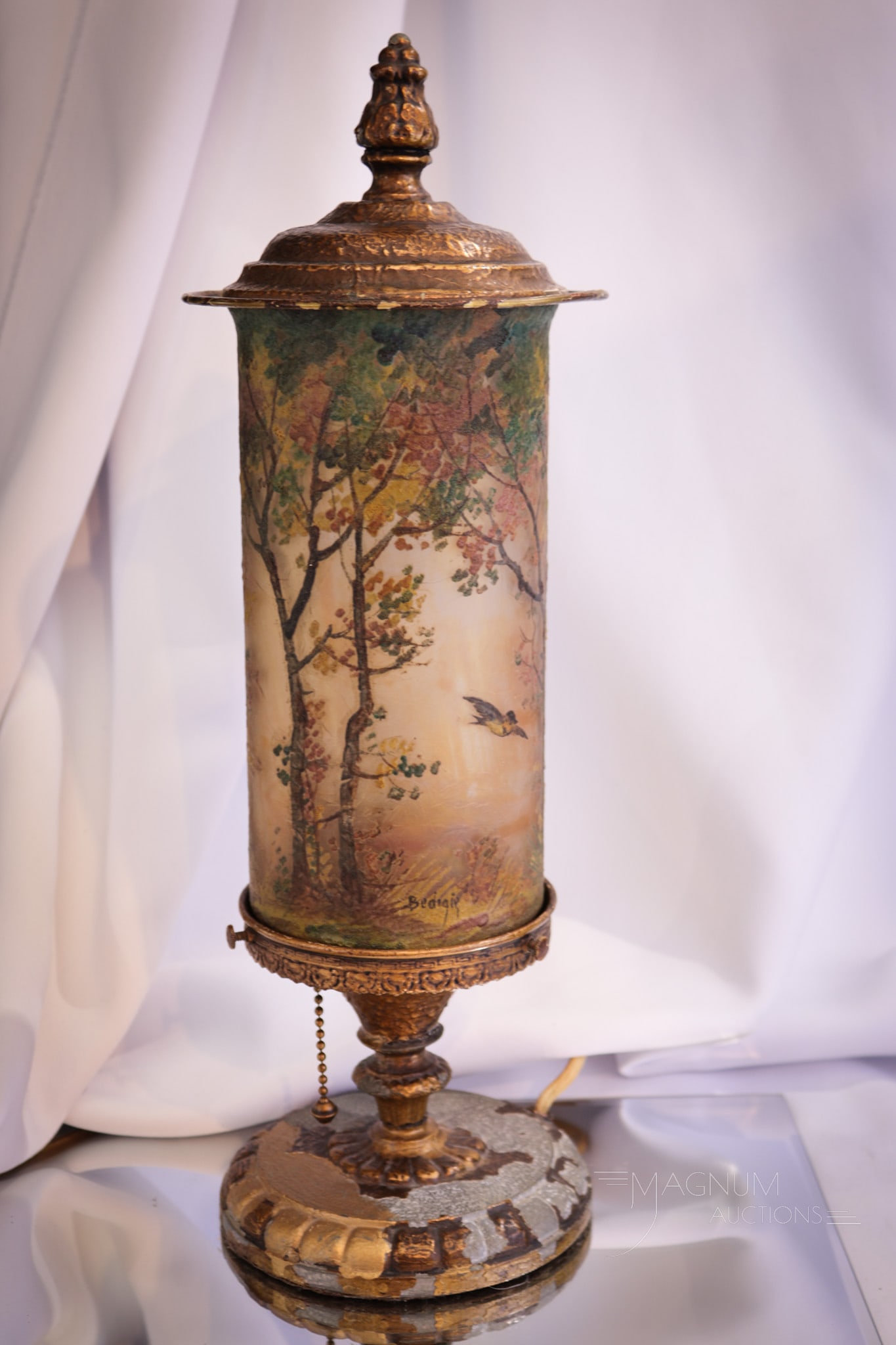 Handel Birds in Flight Reverse Painted Mantle Lamp: Nice example of a "Birds in Flight" signed Handle mantle lamp numbered 6991 and artist signed. This lamp found with as-found patina to hardware. Lid with one missing prong, and one loose prong. Measur