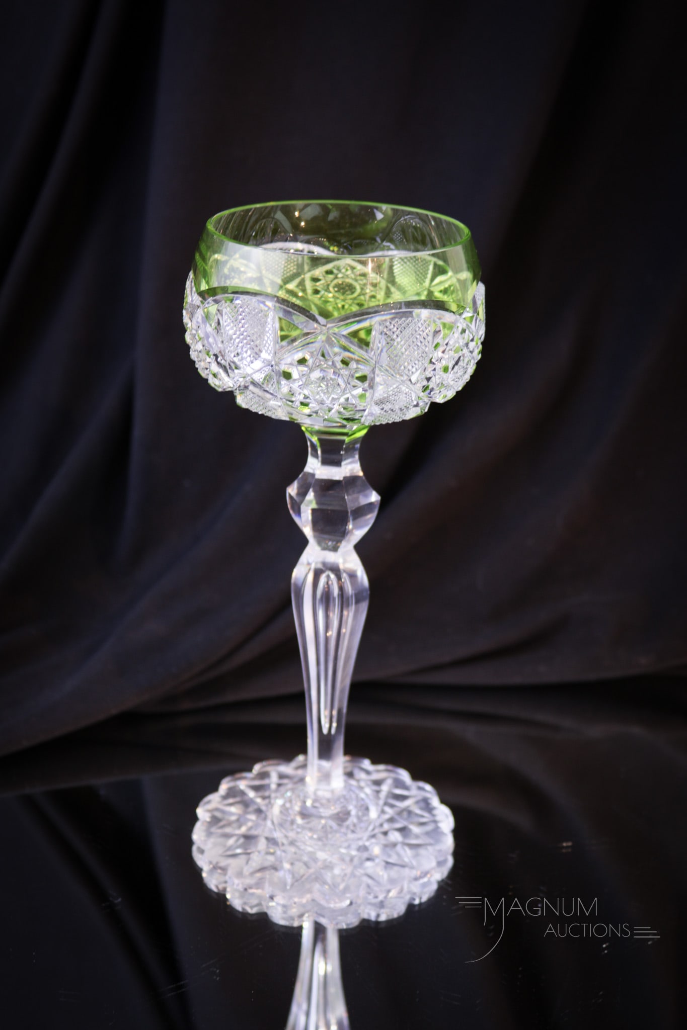 Val St. Lambert Green Cut to Clear Air-trap Stem Goblet: Fine Val St. Lambert green cut to clear stem with airtrap stem and cut scalloped base. Piece measures 7 1/2" tall.