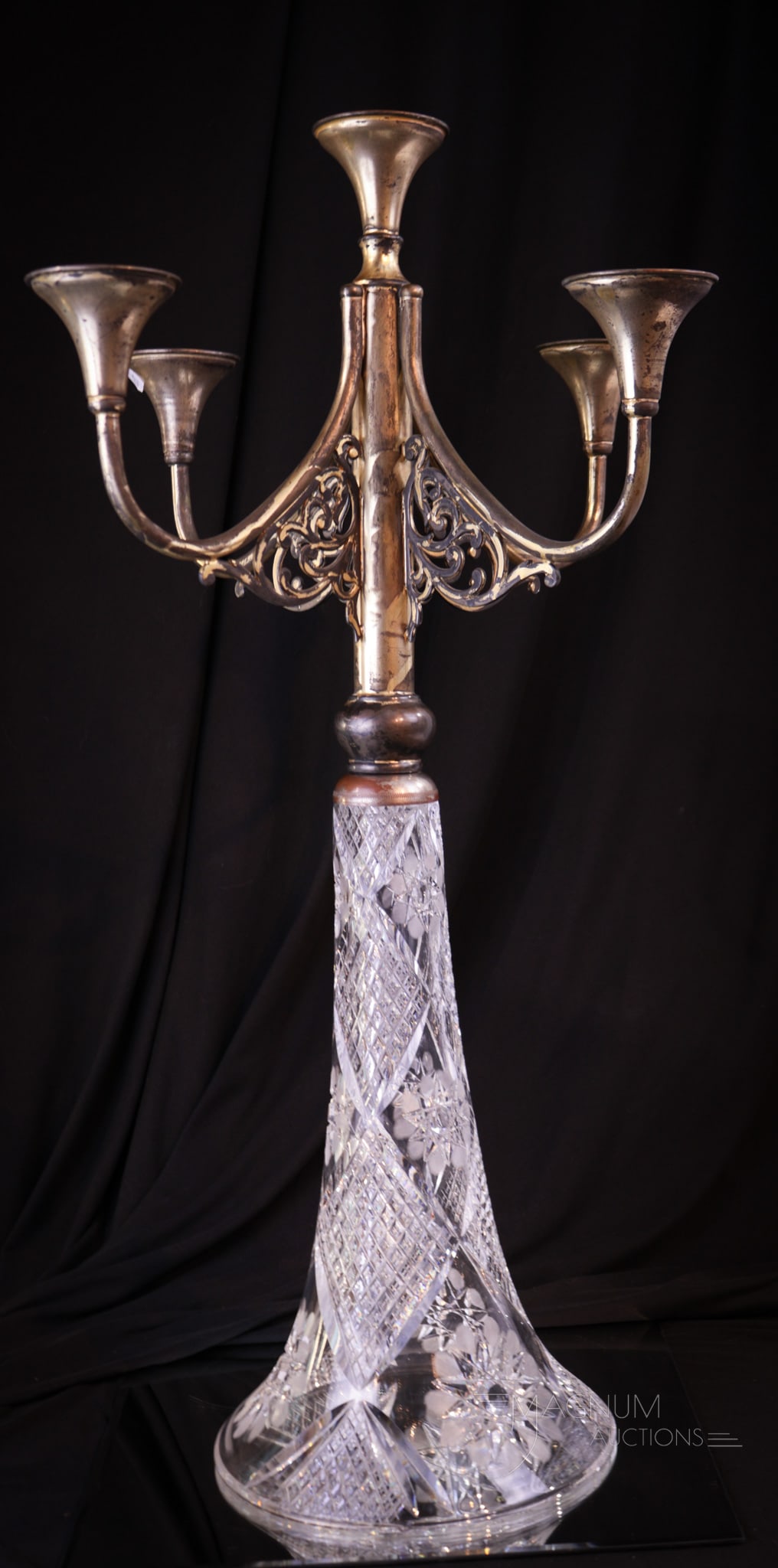 Brilliant Period Cut Glass Silverplate 25" Candleabrum: Gorgeous and impressive size best describes this fine brilliant period cut glass and silverplate candleabrum. This piece measures 25" tall.