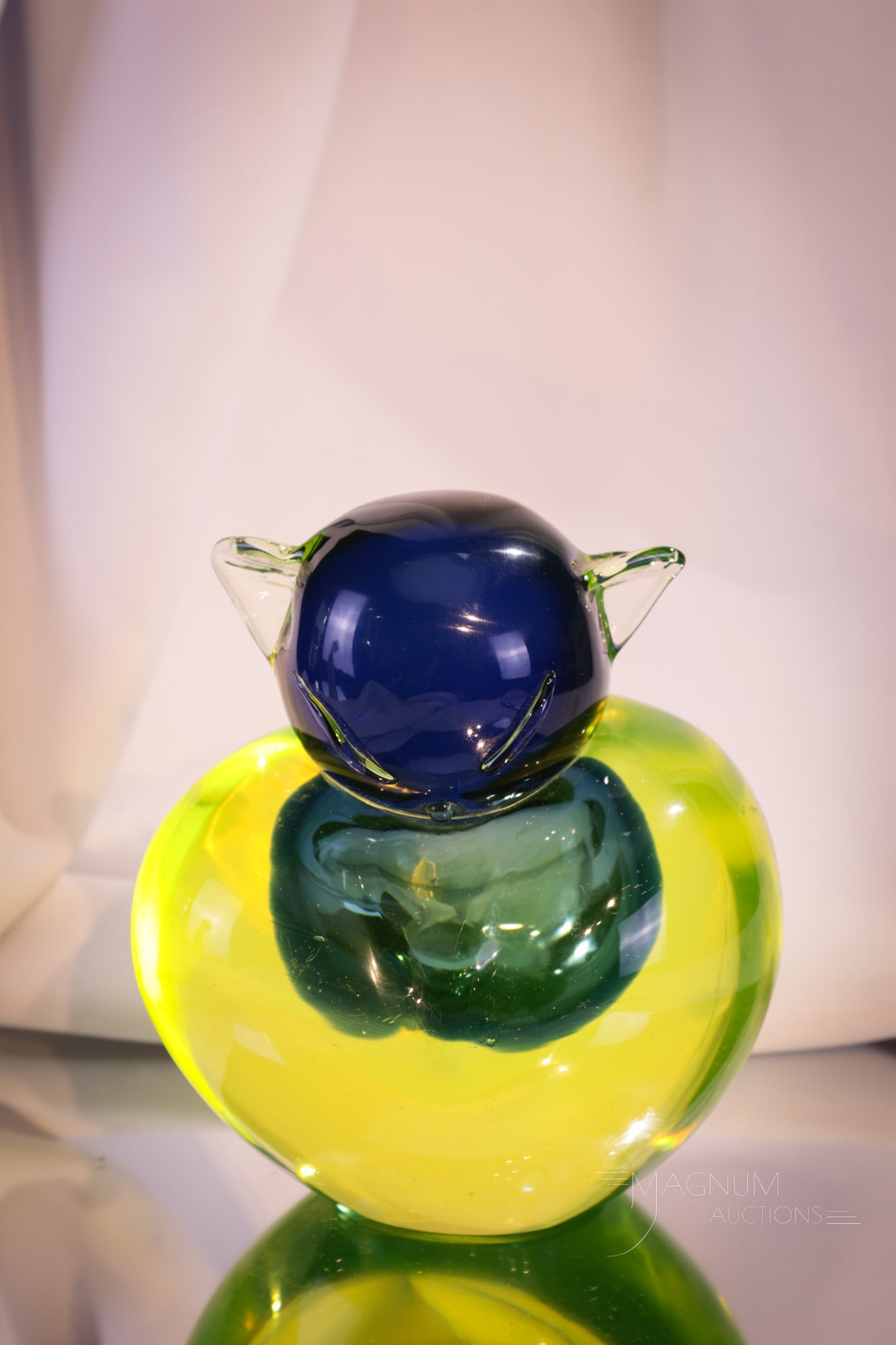 Murano Vaseline Cobalt Glass Cat Figurine Paperweight: Very desirable Murano vaseline with cobalt blue glass injection cat figurine paperweight. This beauty lights up under black light. Measures 6 1/4" tall.