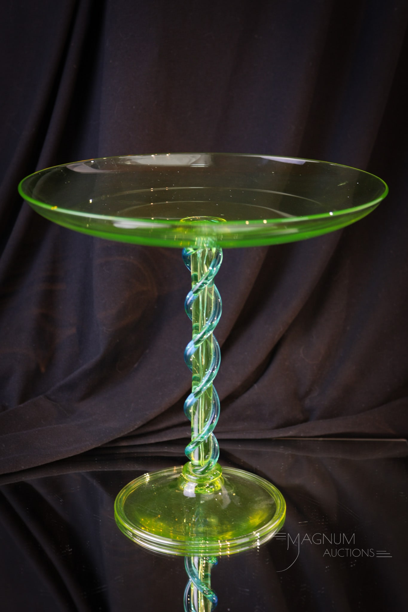 Steuben Topaz Vaseline Celeste Blue Applied Glass Compote: Wonderful Steuben Topaz (vaseline) with applied Celeste blue twists on the stem. Compote measures 8" tall, 8" wide.