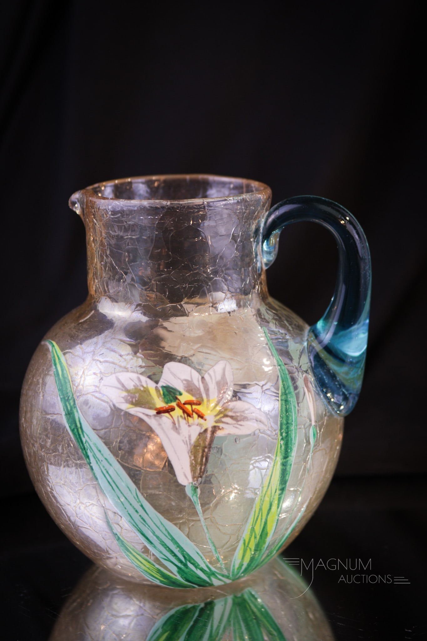 Moser Harrach Victorian Art Glass Diminutive Pitcher: A nice size to find this little Victorian attributed to Moser or Harrach glass pitcher in. This one measures in at only 4 1/2" tall. Light amber coloring with craquelle effect to the glass and blue ap