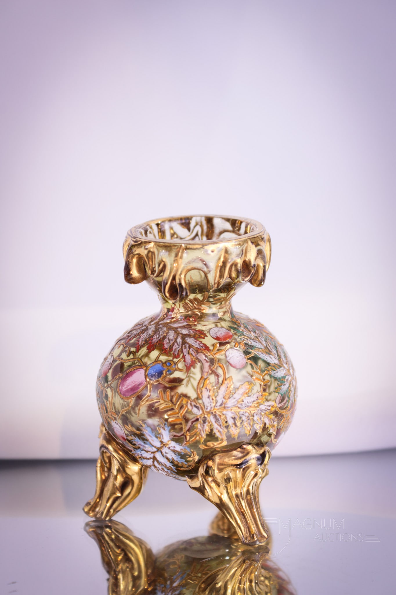 Moser Amber Enameled Gilt Decorated Mini Cabinet Vase: This little cutie is coming to market. What a nice little cabinet vase this is! A wonderful piece of Moser art glass at it's finest. This one with applied drip decoration, beetle and floral decoration