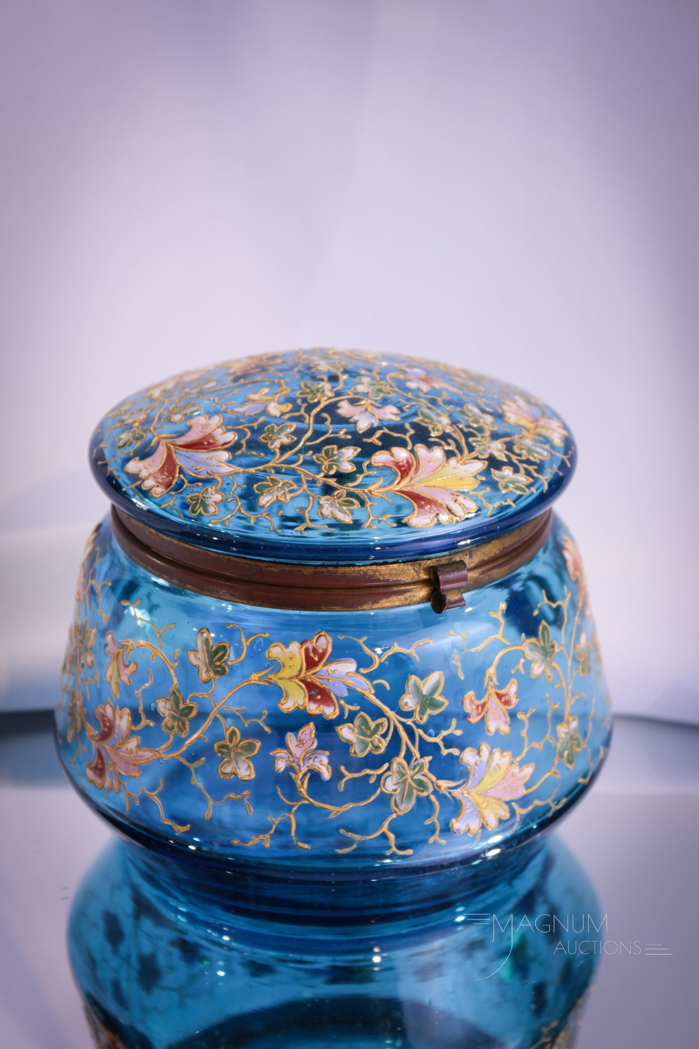 Moser Blue Enameled Glass Jewelry Casket: Lovely shade of blue glass and finely enameled decoration makes up this Victorian jewelry casket. This one measures 4" tall.