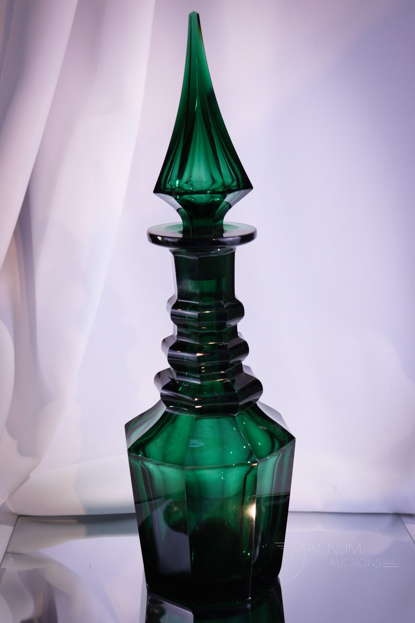 14" Bohemian Teale Green Cut Glass Persian Decanter: A fine piece of art glass. This decanter measures 14 1/2" tall and is complete with original tall steeple stopper. Similar to those pieces made for the Persian market. This one is in a superb teale gr
