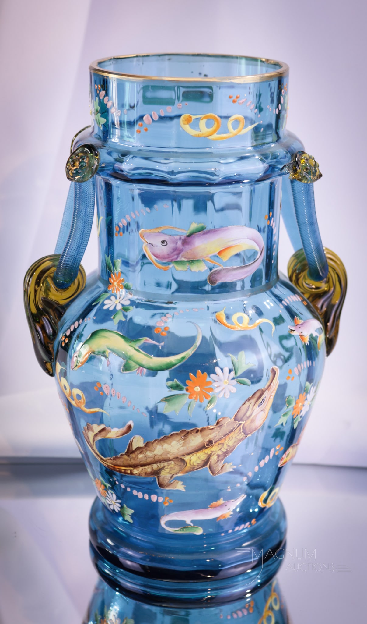 Moser Enameled Art Glass Aquatic Handled Vase: Super example of attributed to Moser art glass in this blue enameled art glass vase with applied glass handles.. Vase is in an aquatic theme and is enameled with aligators, turtles, and various fish. 