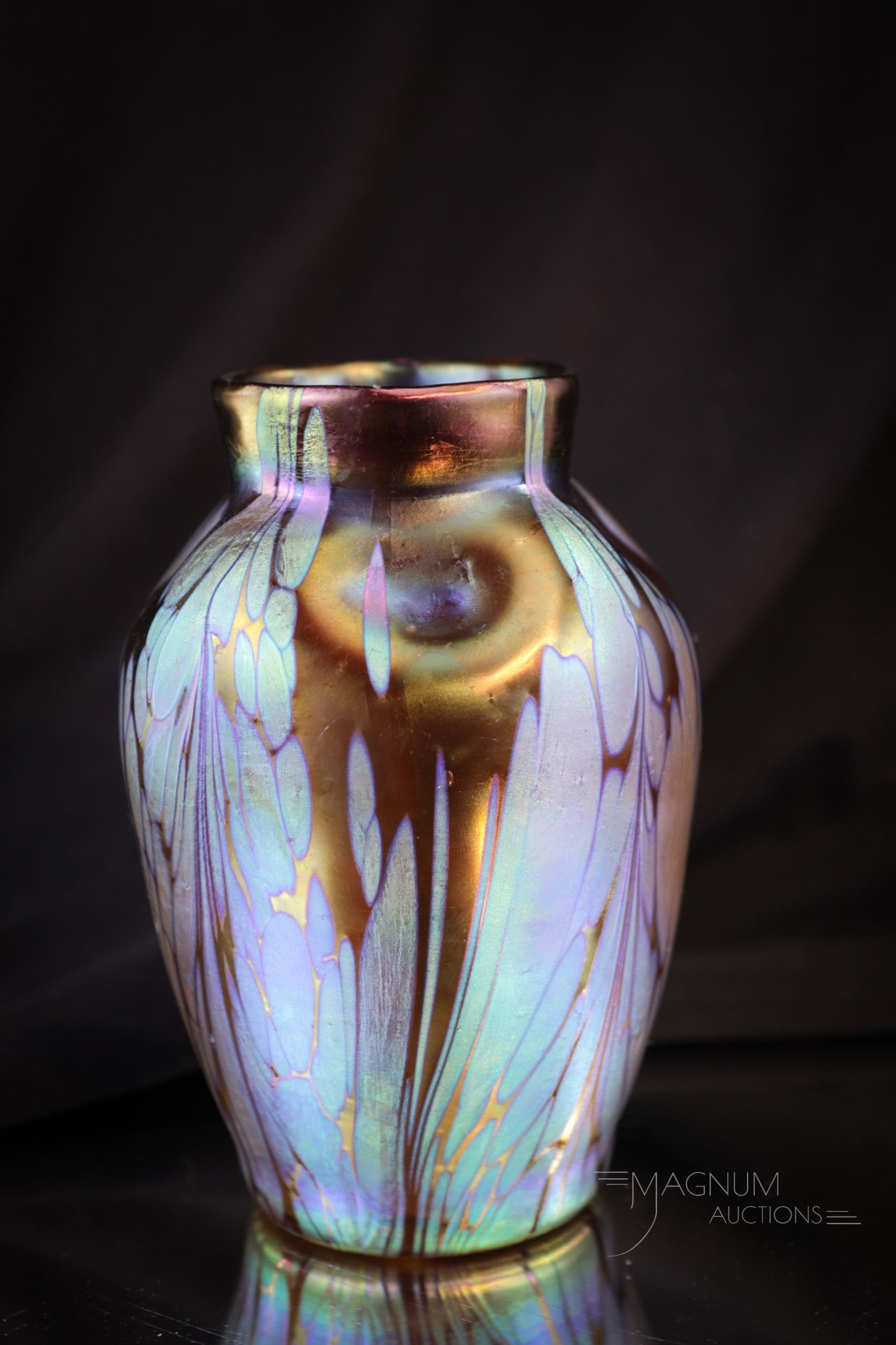 Loetz Medici ca. 1902 Art Glass Cabinet Vase: Superb example in a small size is this Loetz Medici art glass vase. Vase measures in at 3 3/4" tall. Nice color and iridescence.