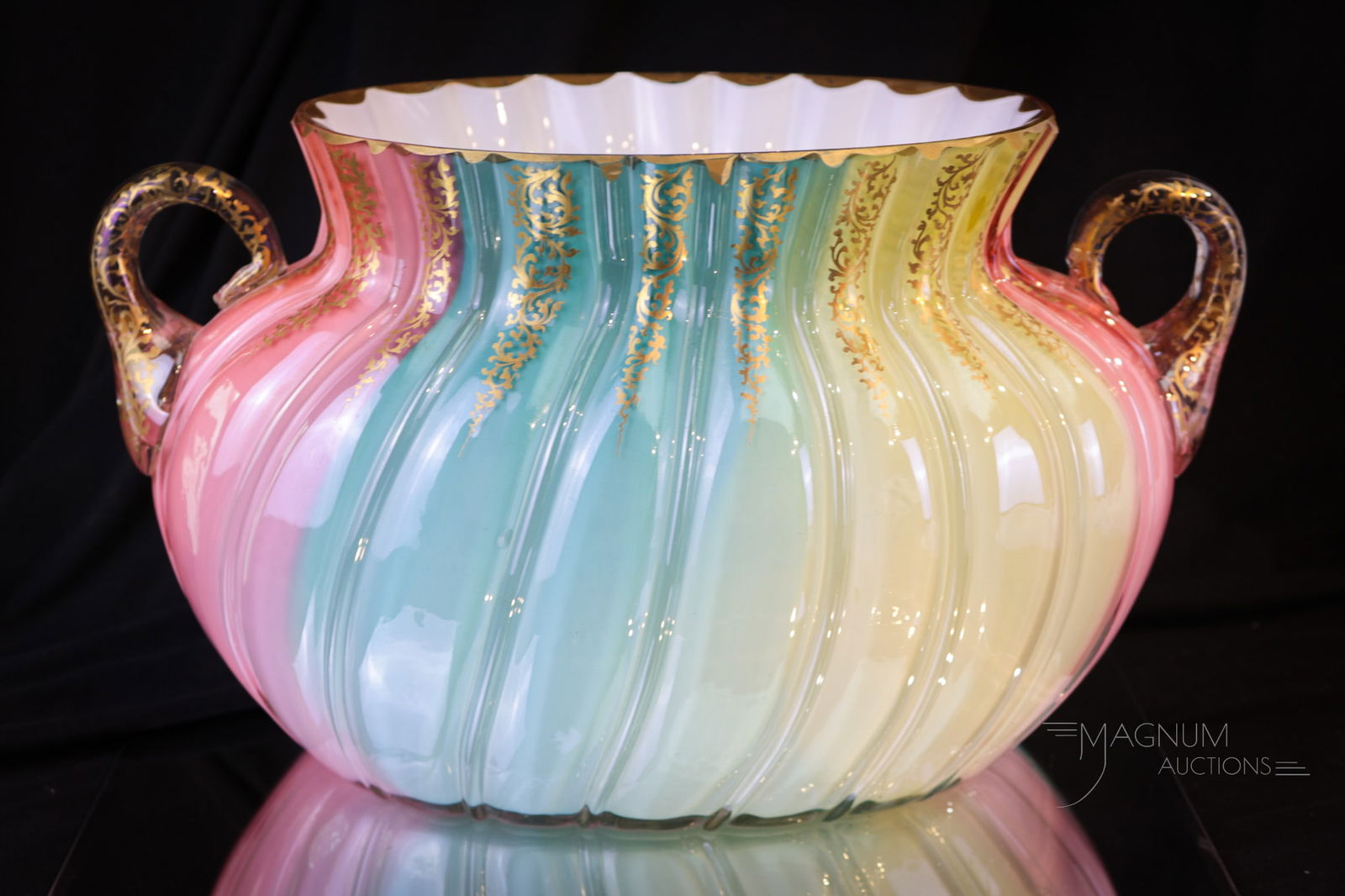 Huge Museum Loetz Rainbow Art Glass Double Handle Jadinere: This massive piece of Loetz rainbow glass is one of, if not the largest, we have seen. This piece has double handles and gilt decoration around the collar. Gorgeous form in an oblong shape and well-de