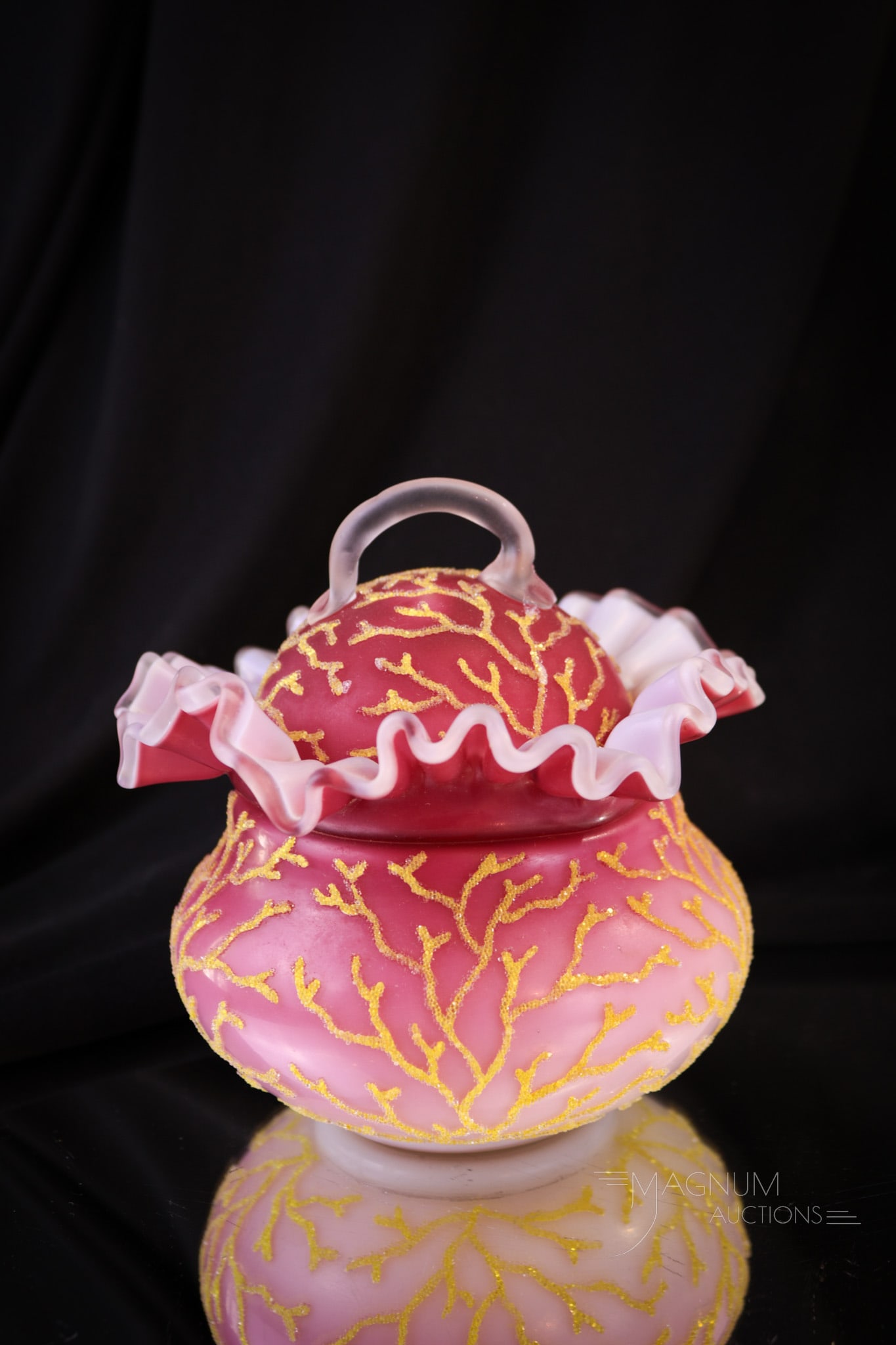 Rare Peachblow Satin Coralene Victorian Glass Covered Sugar: A super piece in our line up of Victorian glass. This is a covered sugar bowl in cased peachblow glass. This piece, both lid and base, is decorated with coralene. Piece measures 5" tall.
