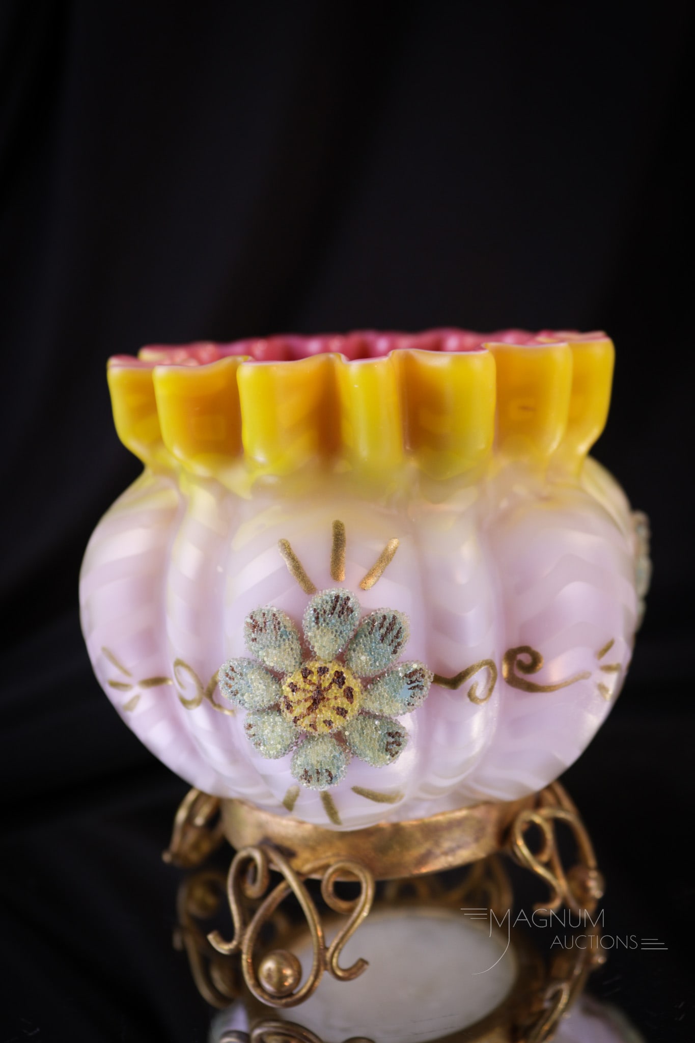 Mother of Pearl Satin Victorian Coralene Miniature Brides Bowl: A super find in our line-up of our Mother of Pearl glass. This melon ribbed Miniature brides bowl is in a yellow to champagne color exterior and deep pink cased interior. The pattern is Herringbone. P