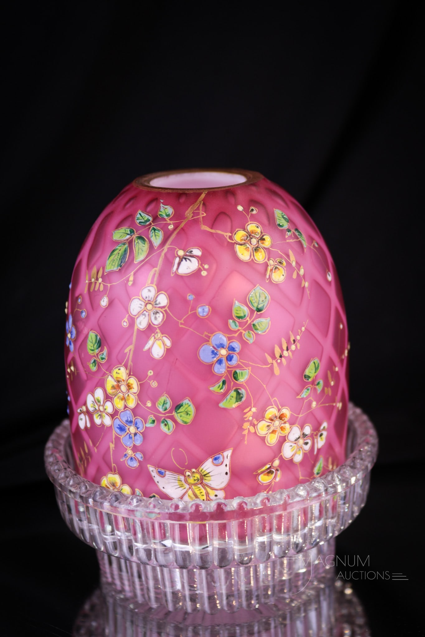 Deep Pink Victorian Mother of Pearl Satin Glass Decorated Fairy Lamp: Exquisite gilt and enamel decorated deep pink Mother of Peal diamond quilt satin glass fairy lamp on signed Clarke's clear candle base. This fine offering is a lovely example with delicate enameled gi