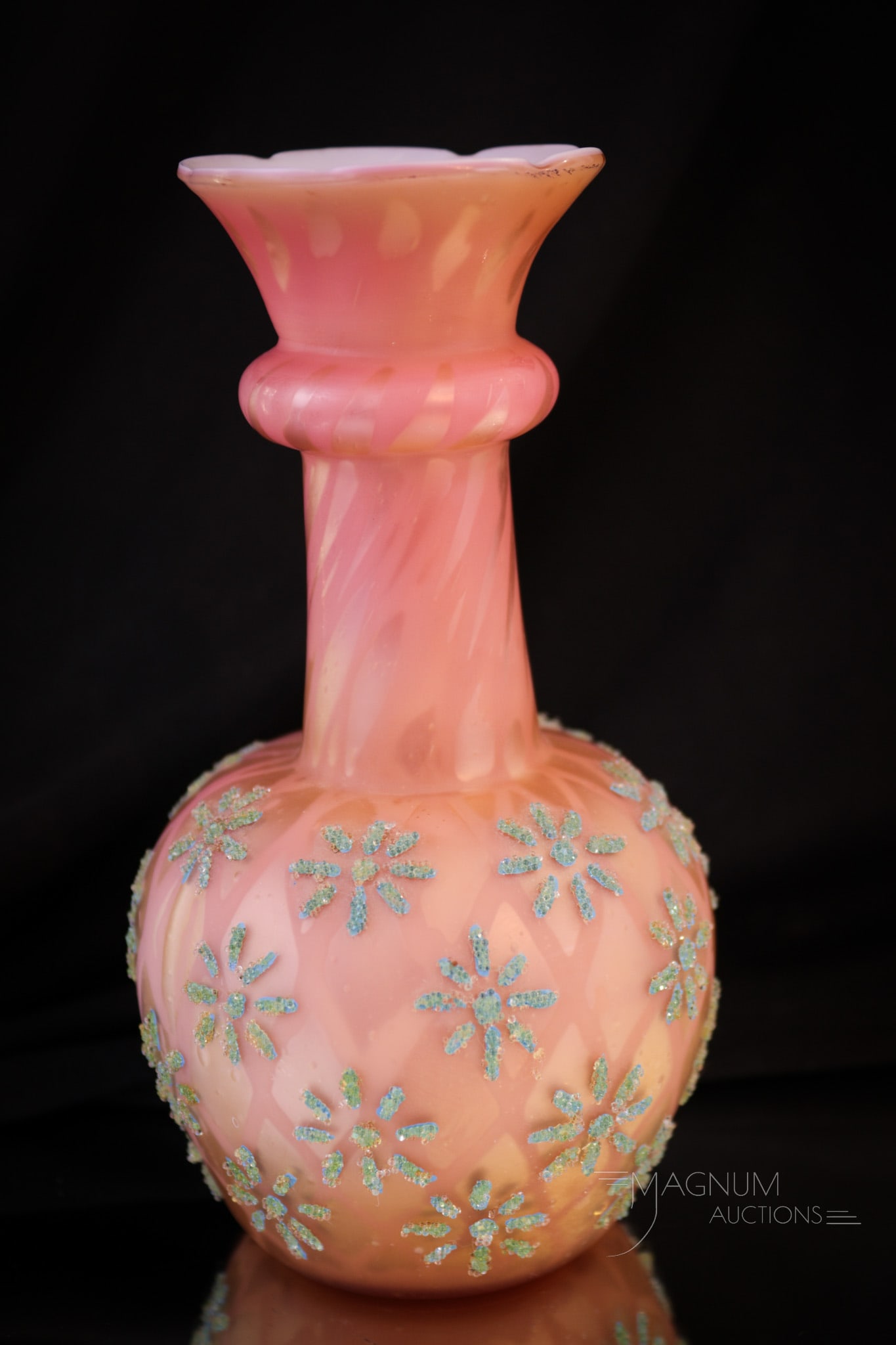 Apricot Victorian Mother of Pearl Coralene Glass Vase: A wonderful apricot color Victorian diamond quilt Mother of Pearl satin glass vase with floral coralene decoration. This fine example measures in at 6" tall.