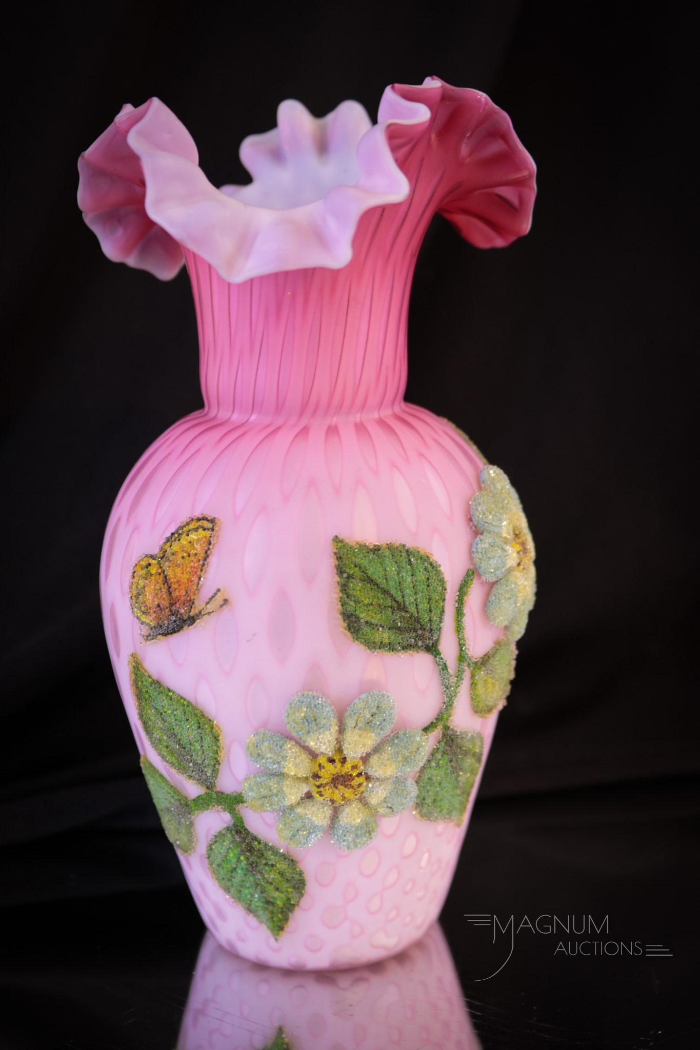 Victorian Pink Mother of Pearl Coralene Glass Cabinet Vase: Lovely pink diamond quilt pattern satin glass Mother of Pearl makes up this fine 7" tall cabinet vase. This piece with gorgeous applied coralene decoration of flowers and butterfly. Nice example and d