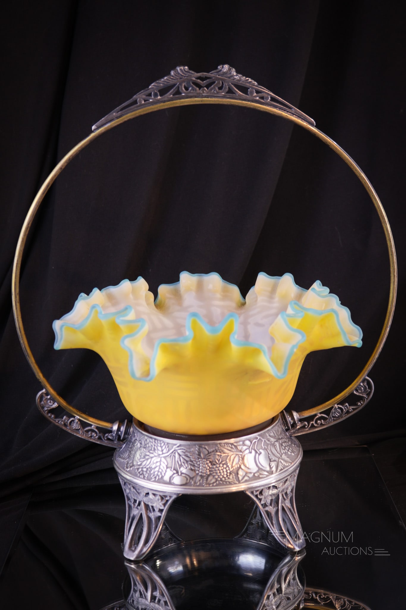Rogers Silver Plate Victorian Mother of Pearl Brides Basket: A wonderful find in our line-up of Victorian Mother of Pearl satin glass. This brides bowl in a checkerboard hashmark pattern is in a lovely gold color with applied blue glass edge. This piece is set